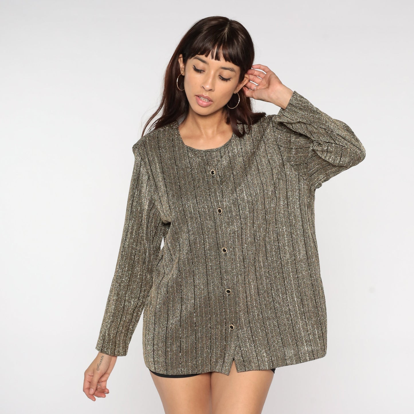 80s Metallic Bronze Cardigan Set Attached Blouse Sparkly Long Sleeve Button Up Large