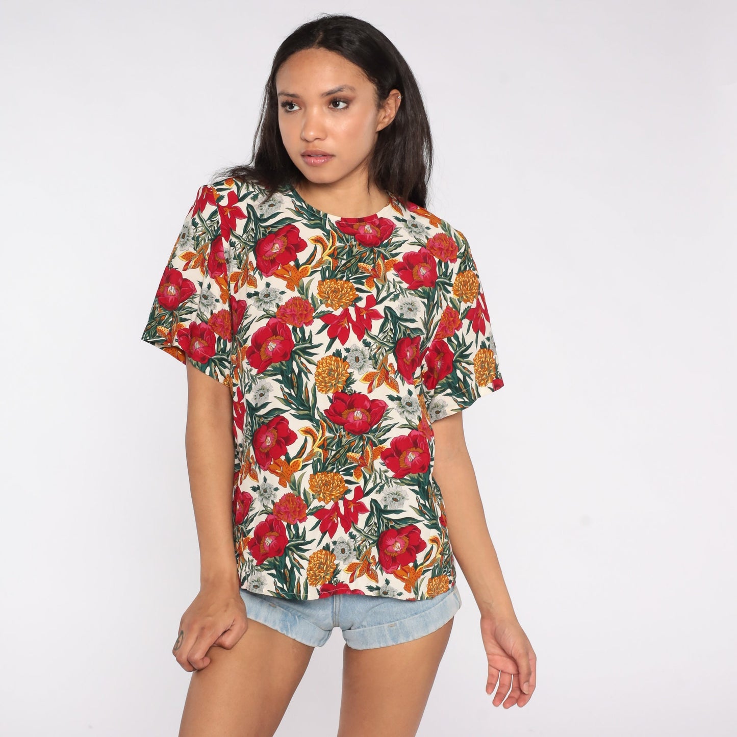 90s Floral Print Rayon Shirt Short Sleeve Blouse Small S