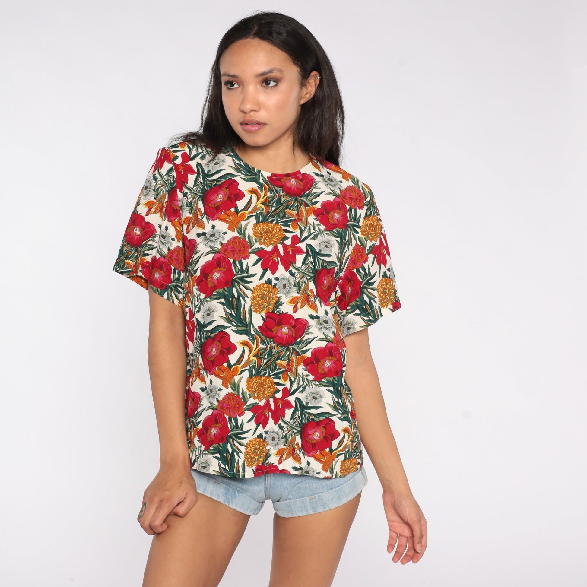 90s Floral Print Rayon Shirt Short Sleeve Blouse Small S