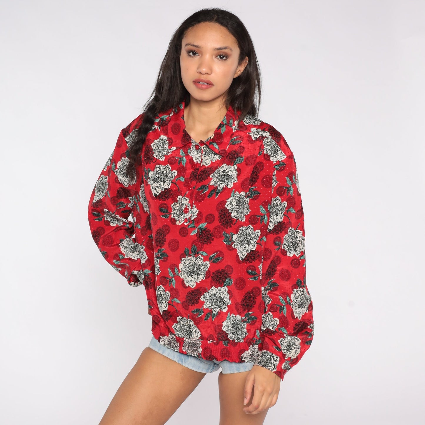 80s Red Floral Geometric Print Blouse Quarter Button Long Sleeve XXL