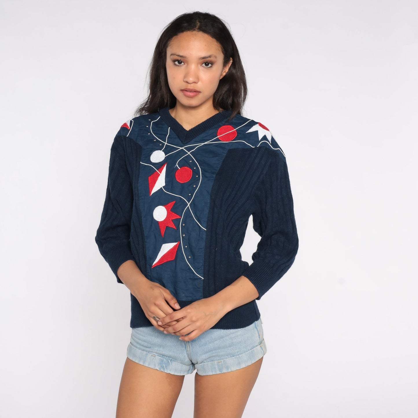 80s Navy Embroidered Abstract Geometric Sweater V-Neck Knit Pullover Medium