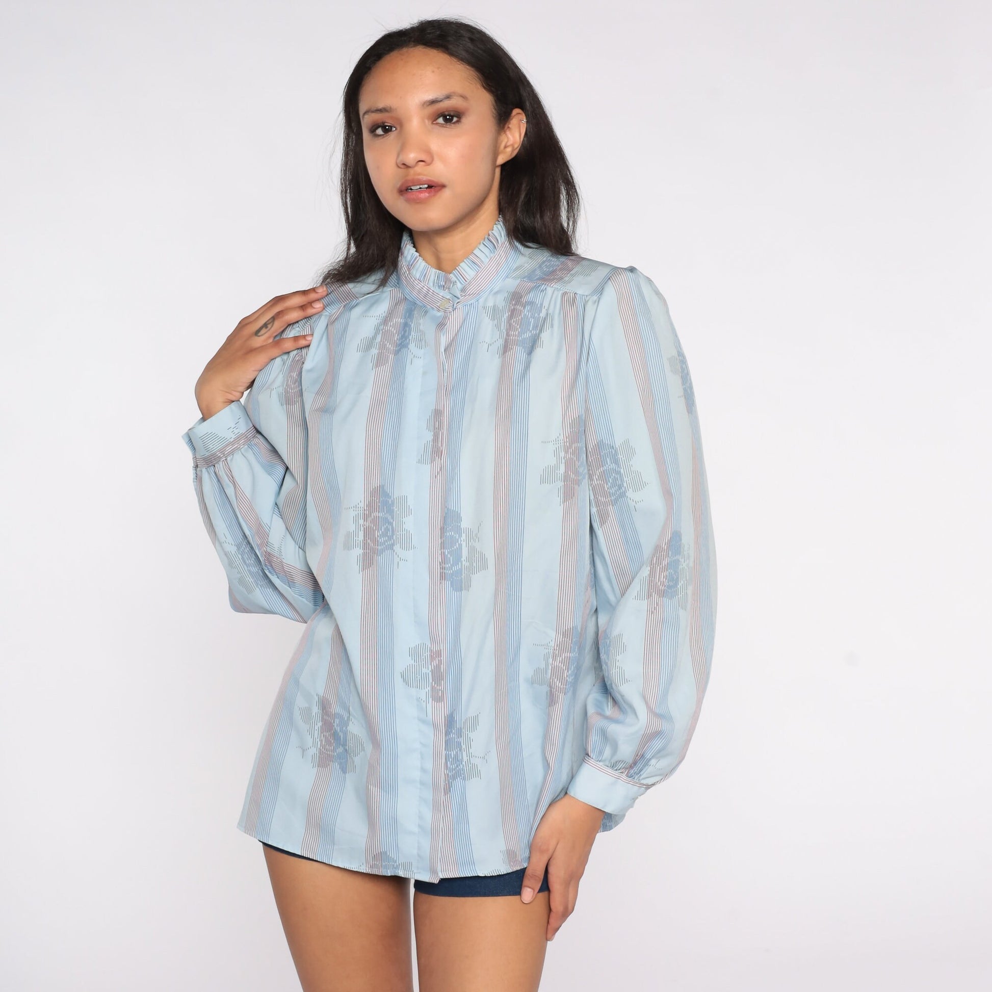 80s Blue Striped Floral Ruffle Neck Blouse Puff Sleeve Button Top Extra Large XL