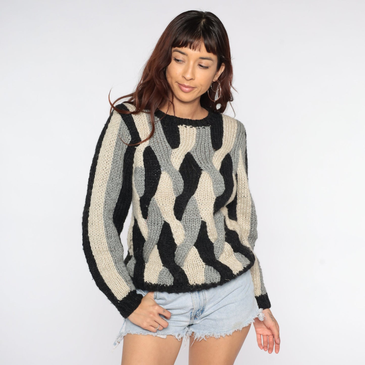80s Striped Knit Sweater Black Cream Woven Pullover Small
