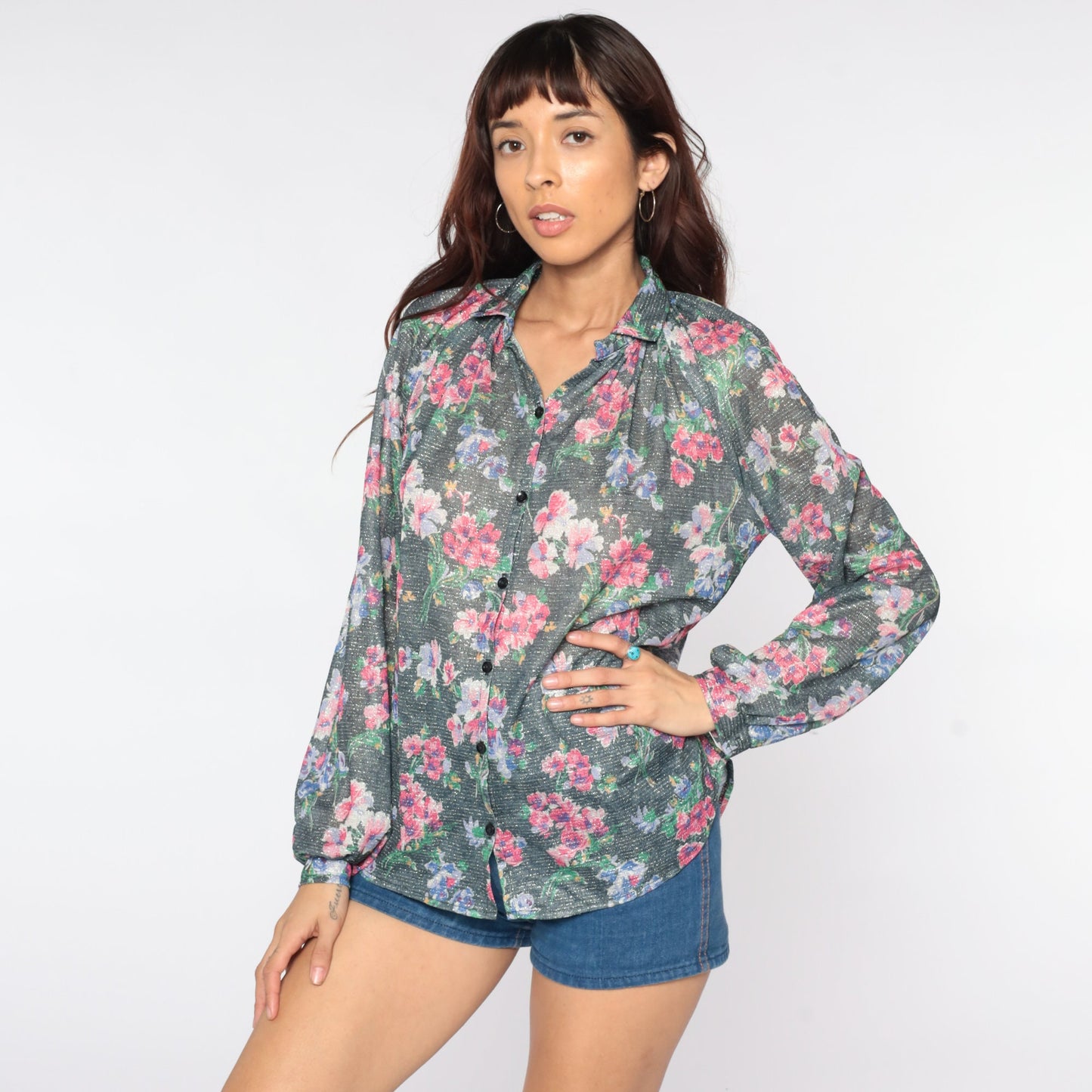 70s Silver Floral Button-Up Blouse Metallic Raglan Sleeve Shirt Large L