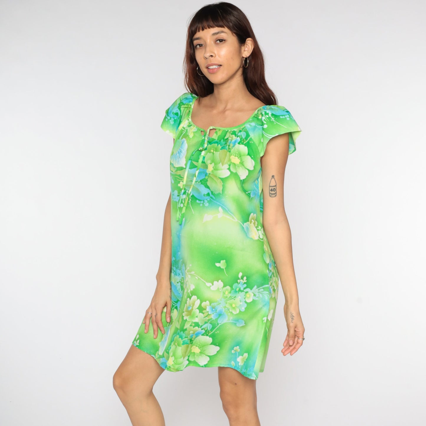 60s Green Floral Shift Dress Mini Neck Tie Flutter Sleeve Medium