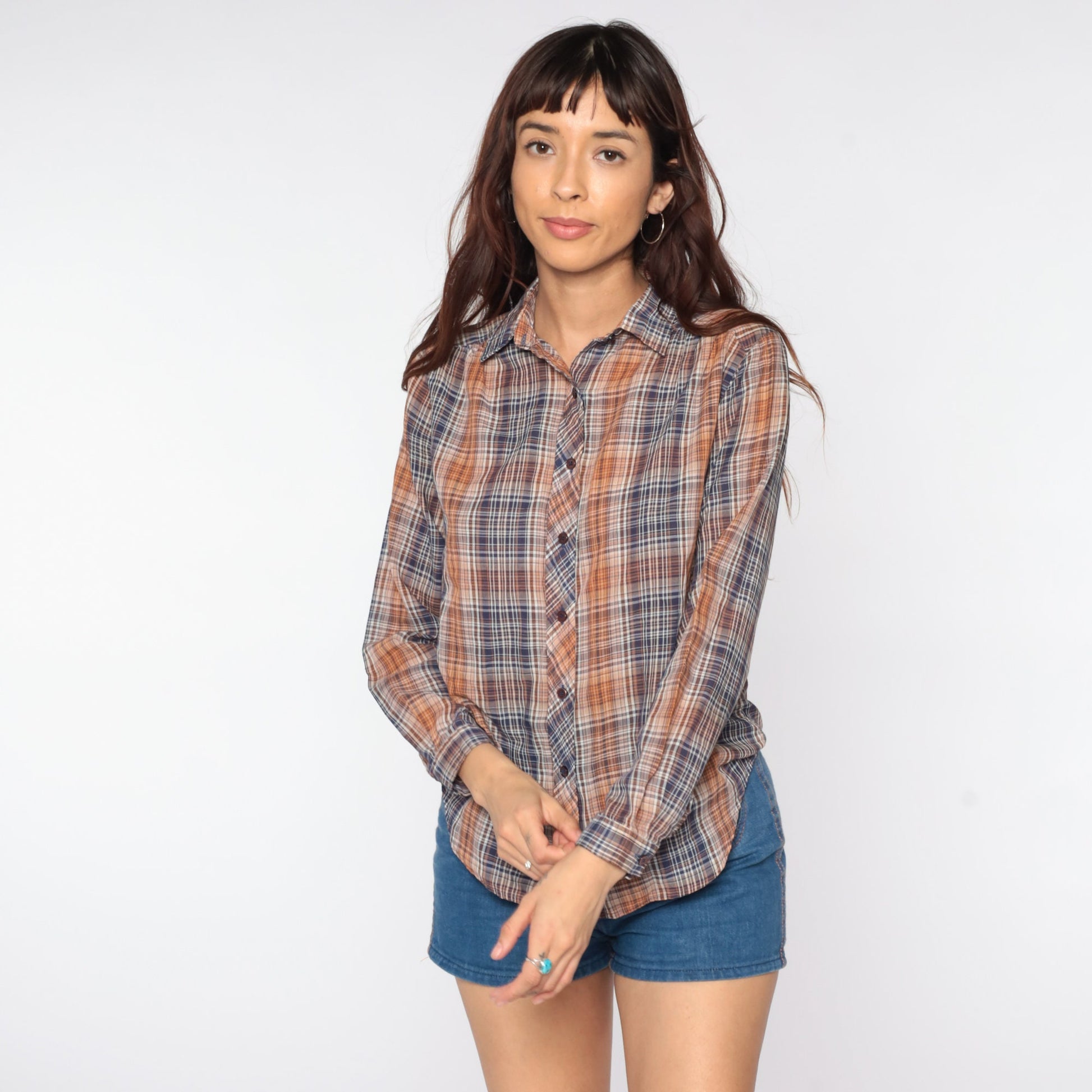 80s Plaid Button-Up Shirt Blue Brown Checkered Long Sleeve Small