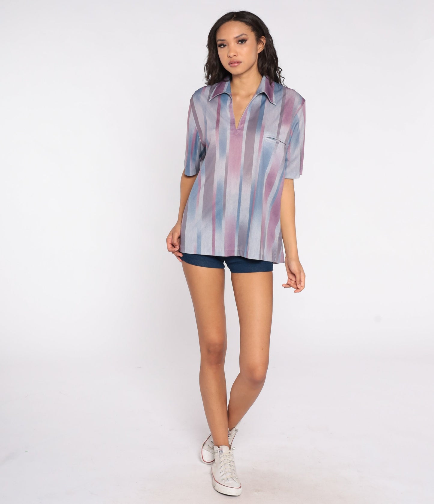 70s Striped V-Neck Blouse Purple Blue Short Sleeve Small