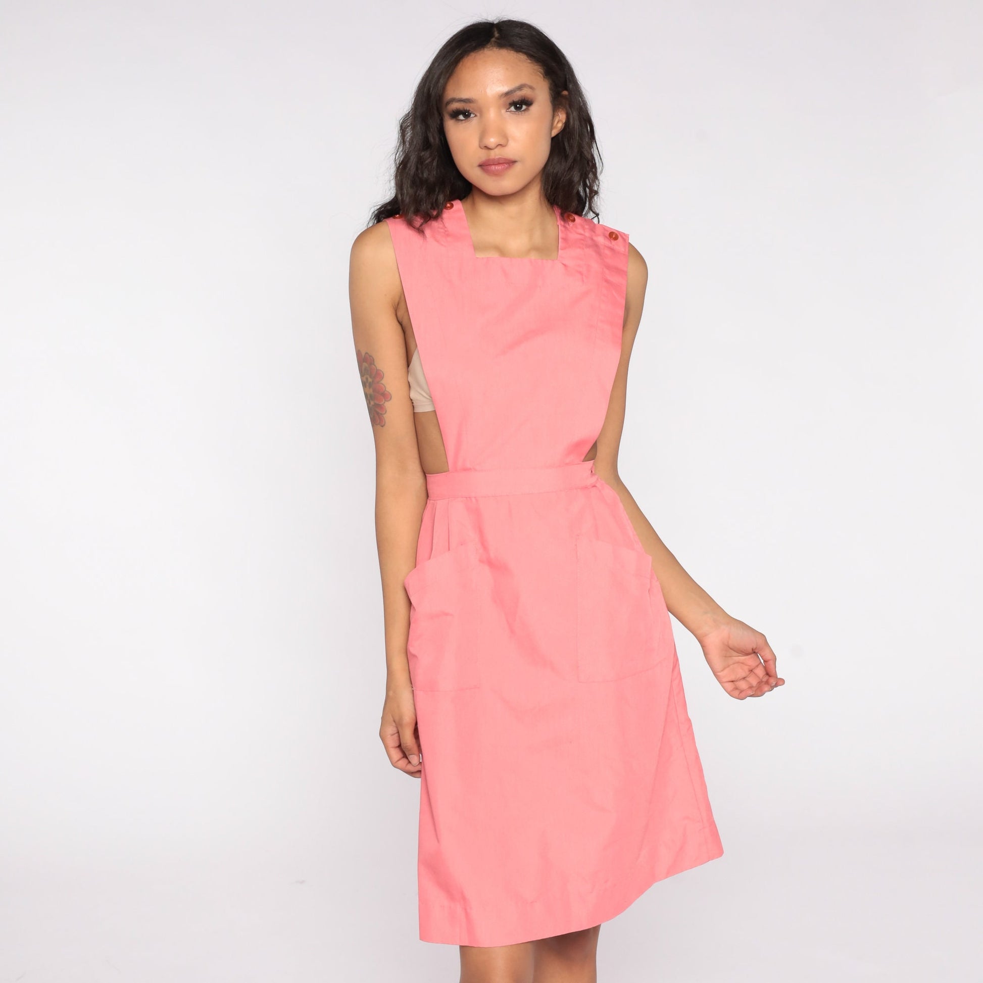80s Pink Apron Jumper Dress Sleeveless High Waist Pockets Small