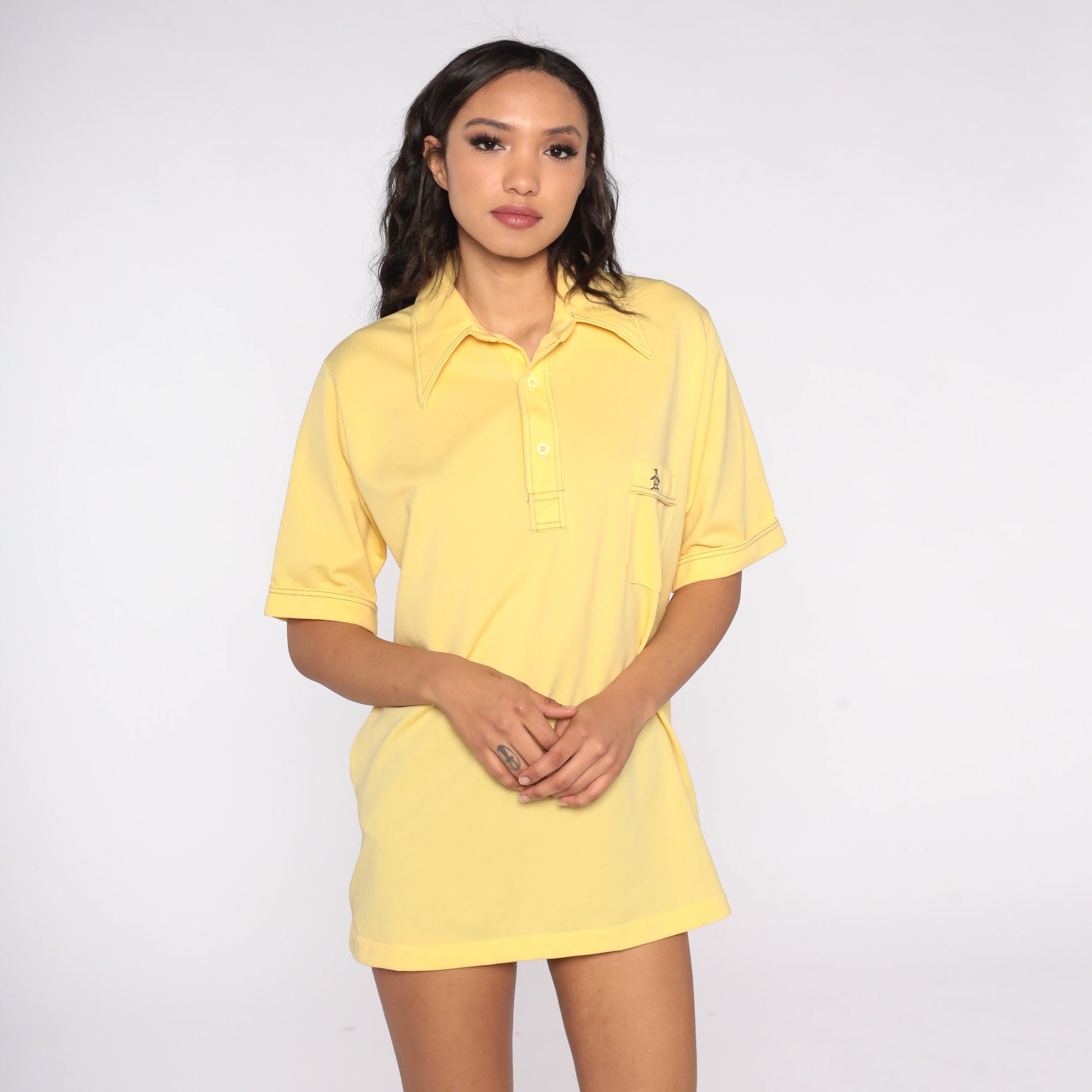 70s Munsingwear Penguin Polo Shirt Yellow Half-Button Collared Large
