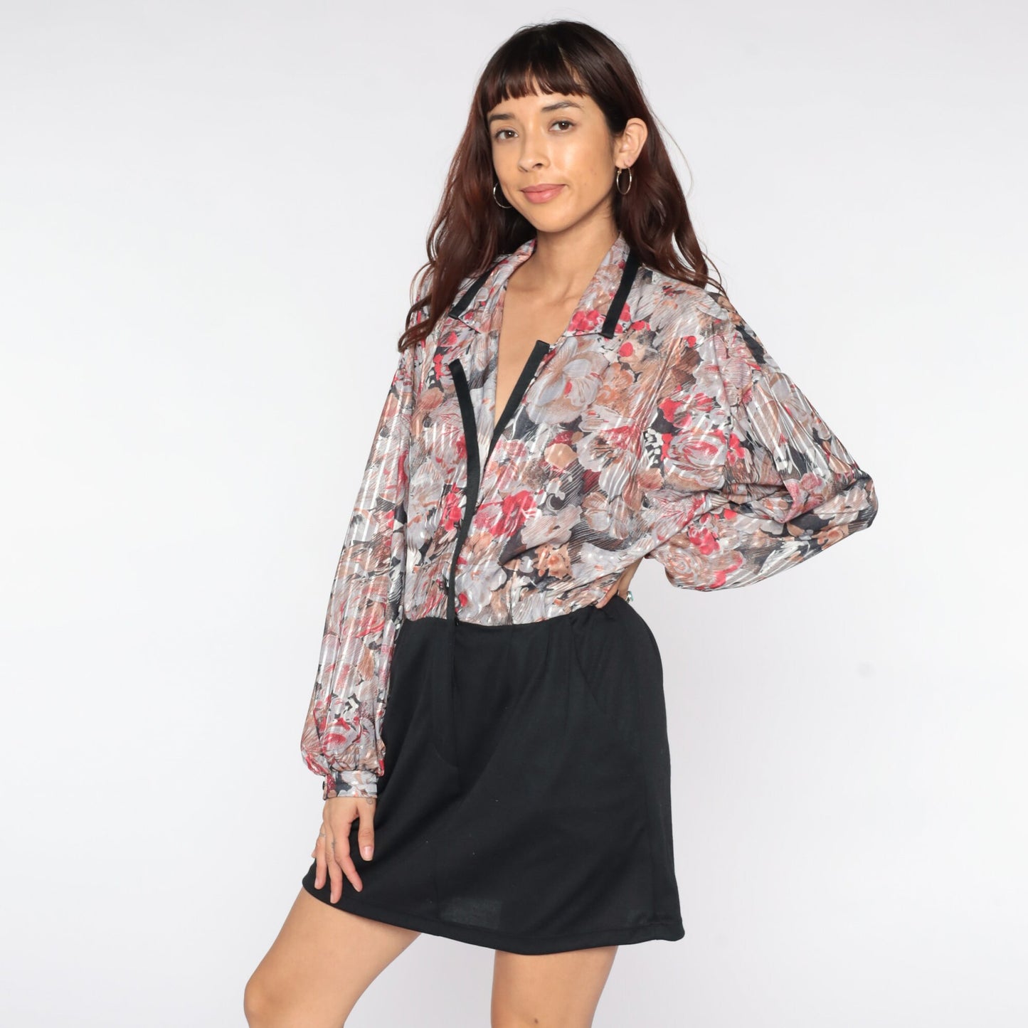 70s Floral Mini Dress Black Skirt Collared Button-Up Long Sleeve Medium