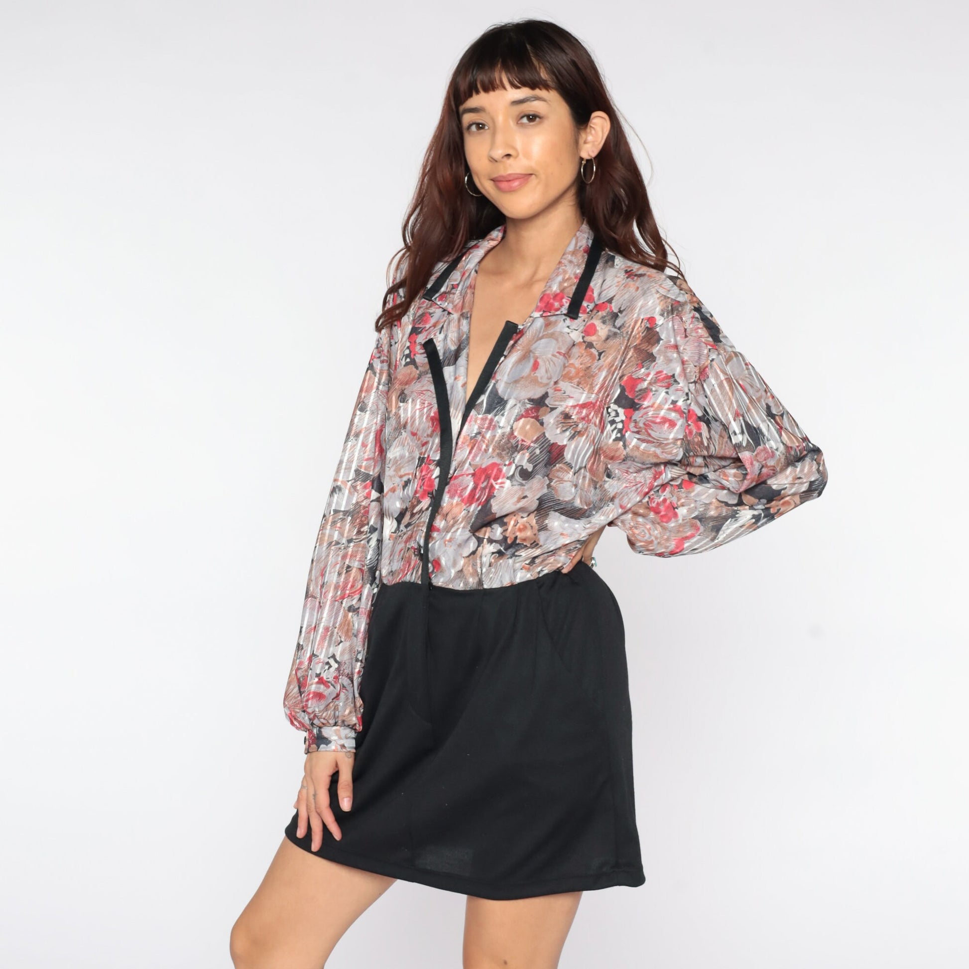 70s Floral Mini Dress Black Skirt Collared Button-Up Long Sleeve Medium