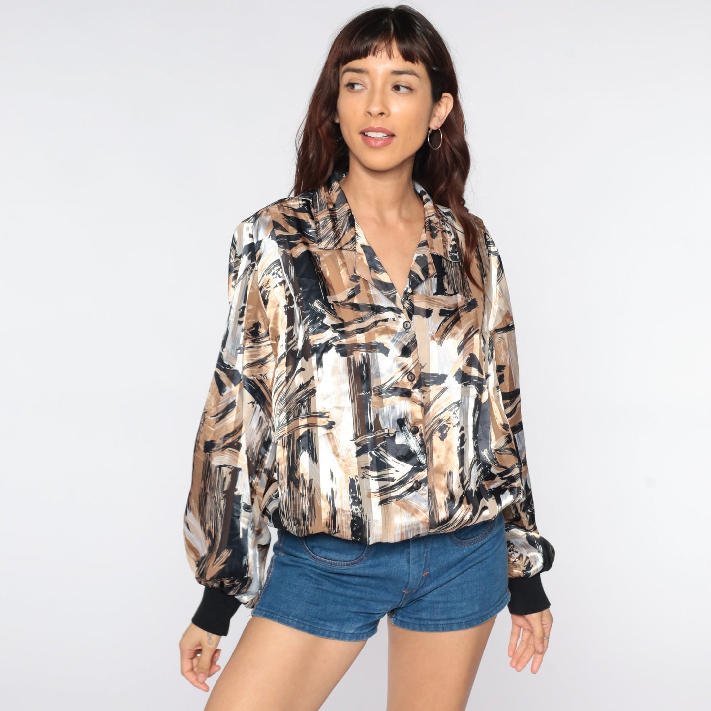 80s Brushstroke Striped Button-Up Blouse Black Brown Shiny Print Large L