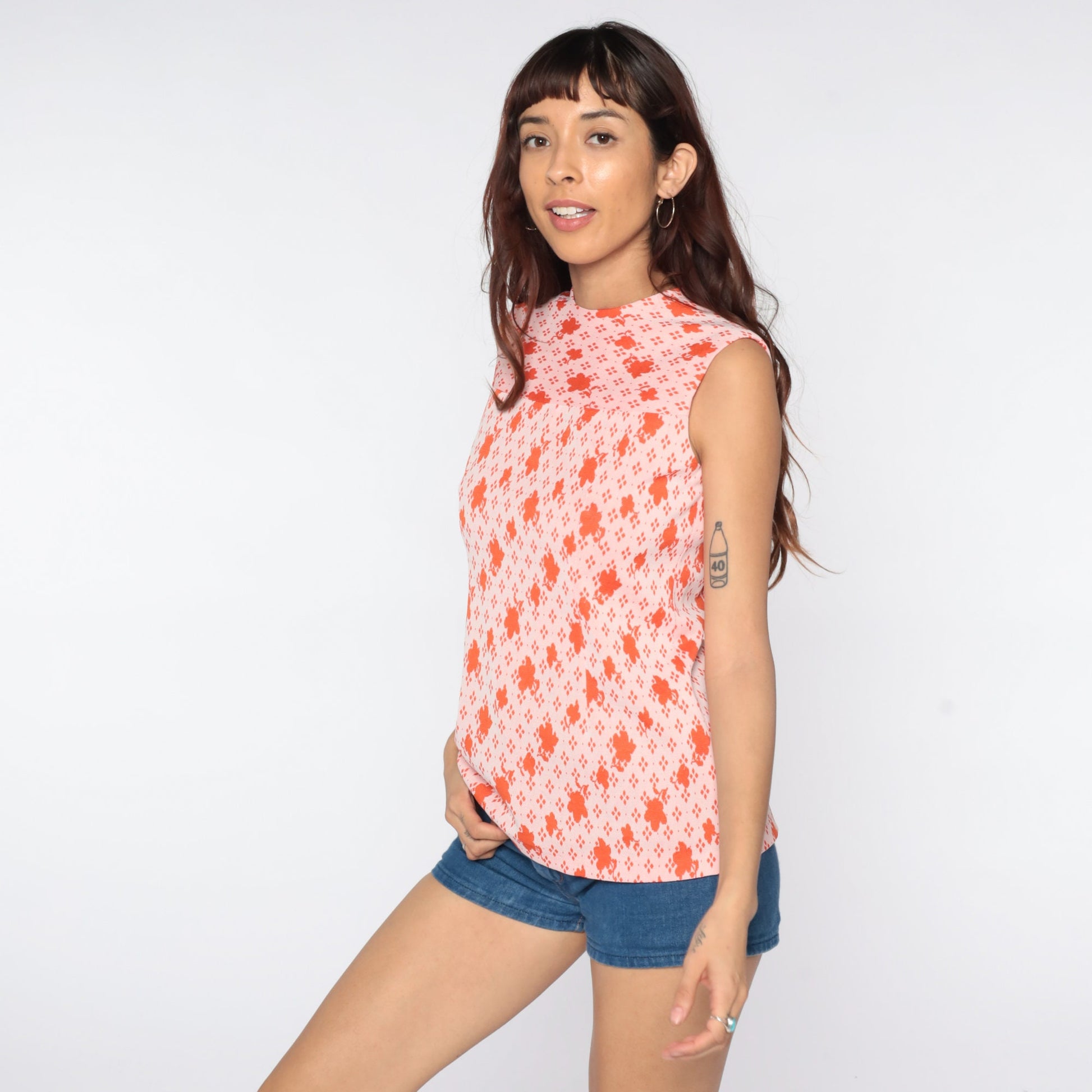 70s Orange Floral Abstract Tank Top Sleeveless Blouse Small