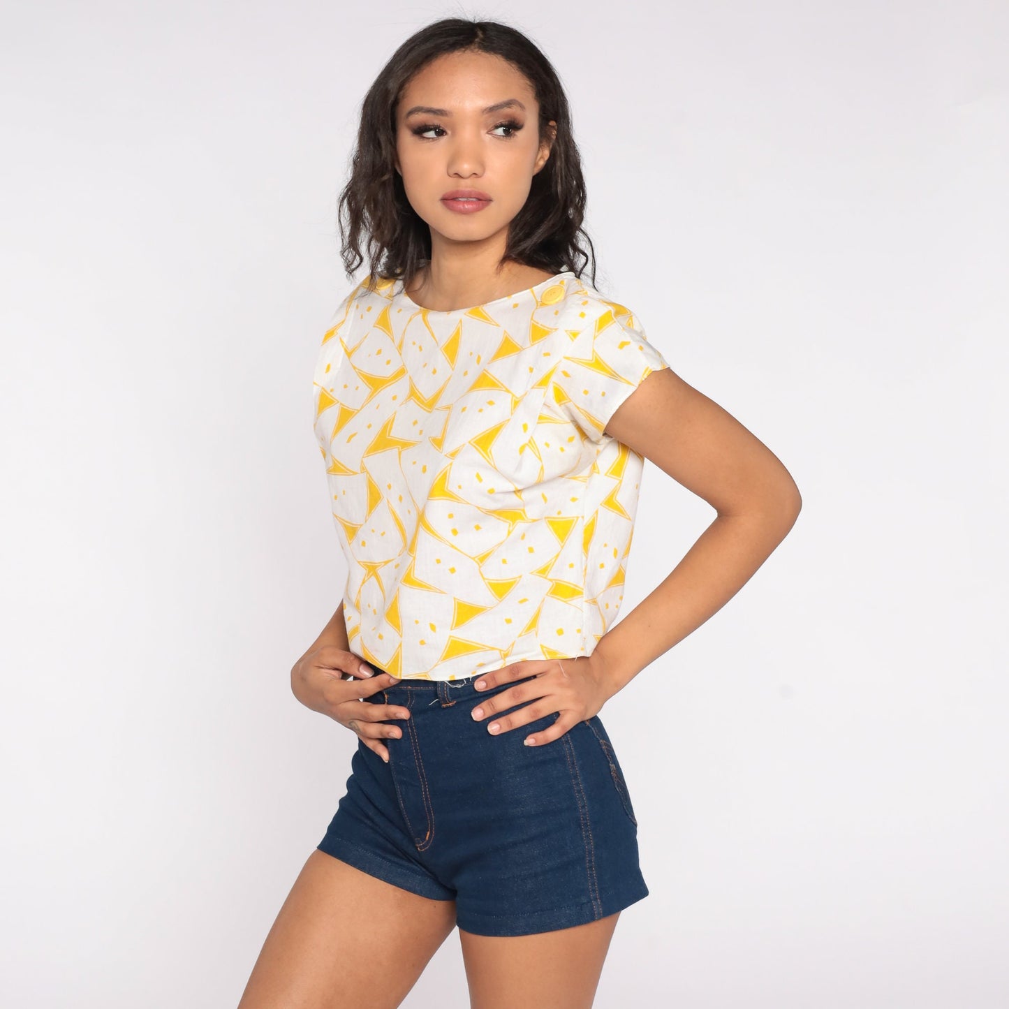 80s Geometric Crop Top White Yellow Abstract Print Cap Sleeve Small