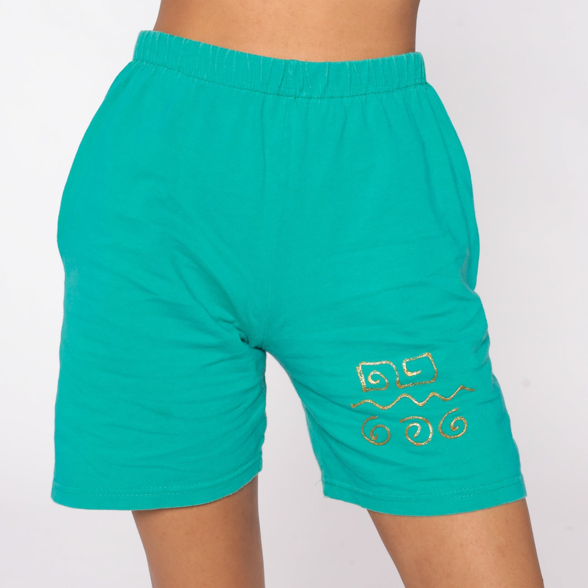 90s Green Gold Painted Elastic Waist Shorts High Rise Small S