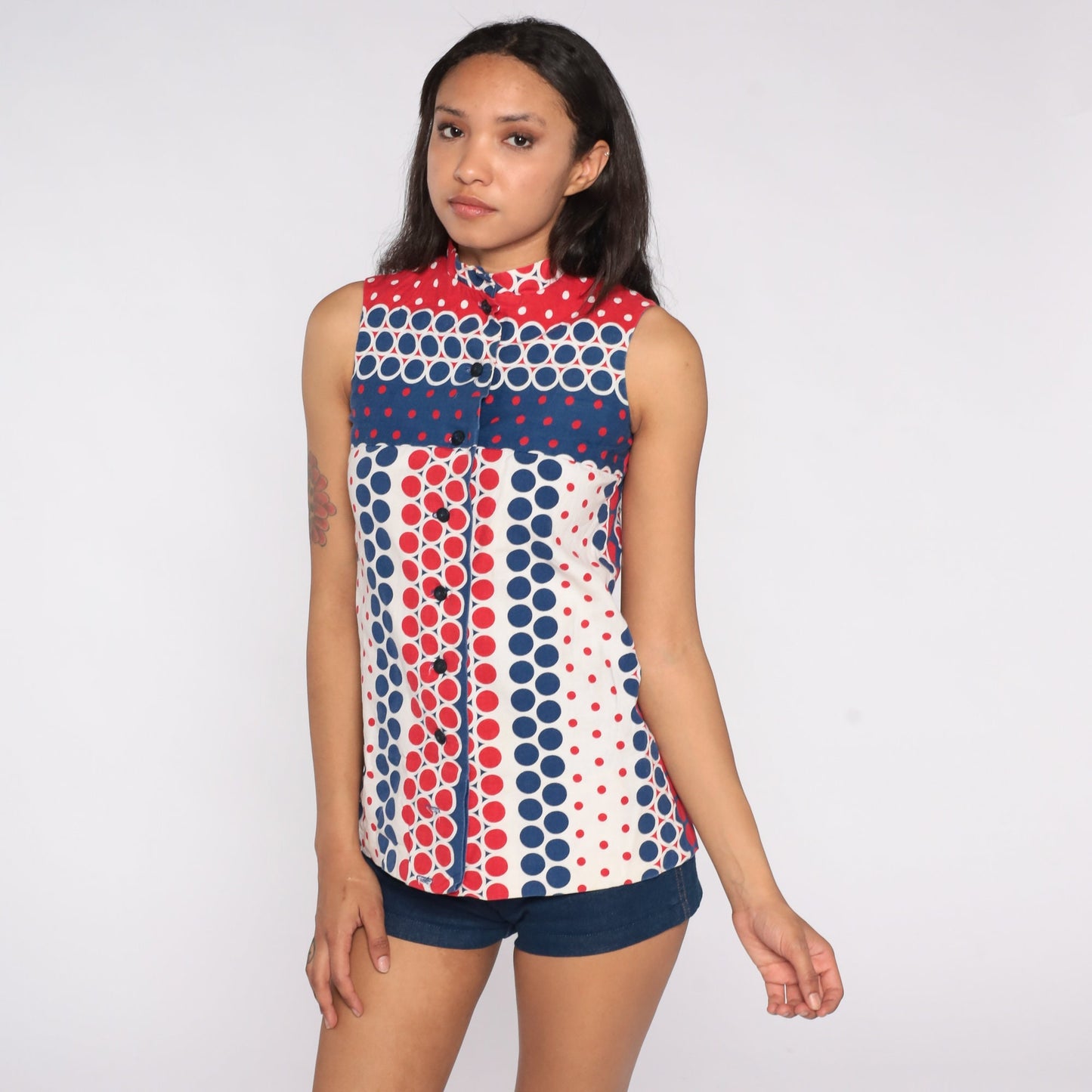 60s Mod Tank Top Polka Dot High Neck Button Front Red White Blue Extra Small XS