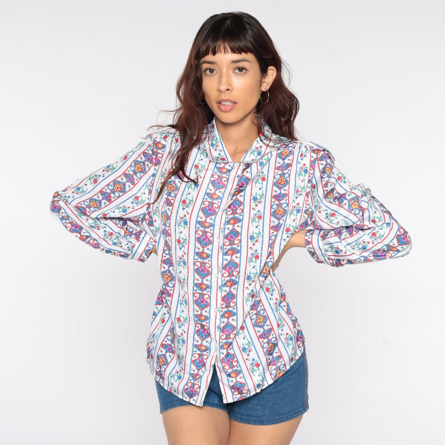 80s White Embossed Floral Button-Up Blouse Long Sleeve Extra Large XL