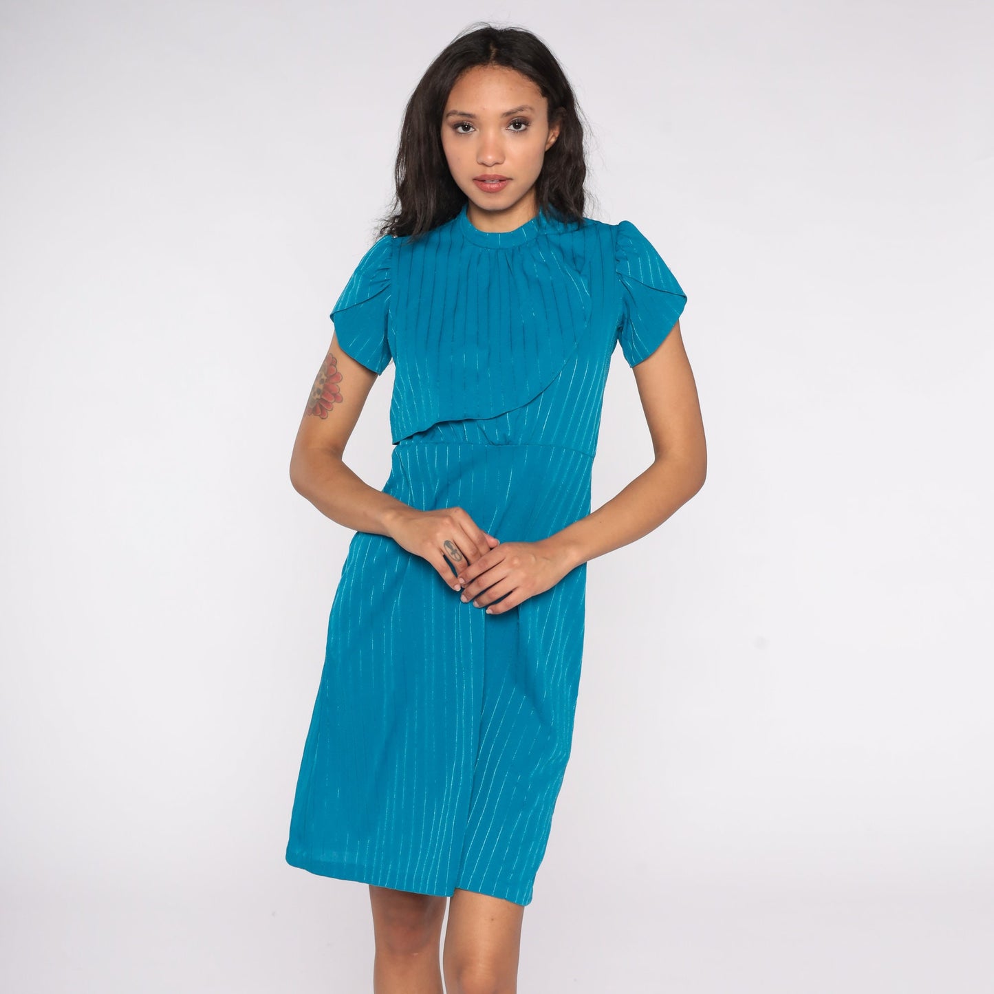 80s Blue Striped Puff Sleeve Dress Knee Length High Waist Small