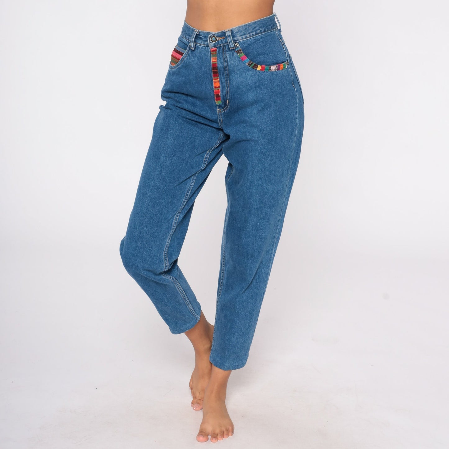 90s Southwestern High Waist Tapered Mom Jeans Blue Denim Small 4