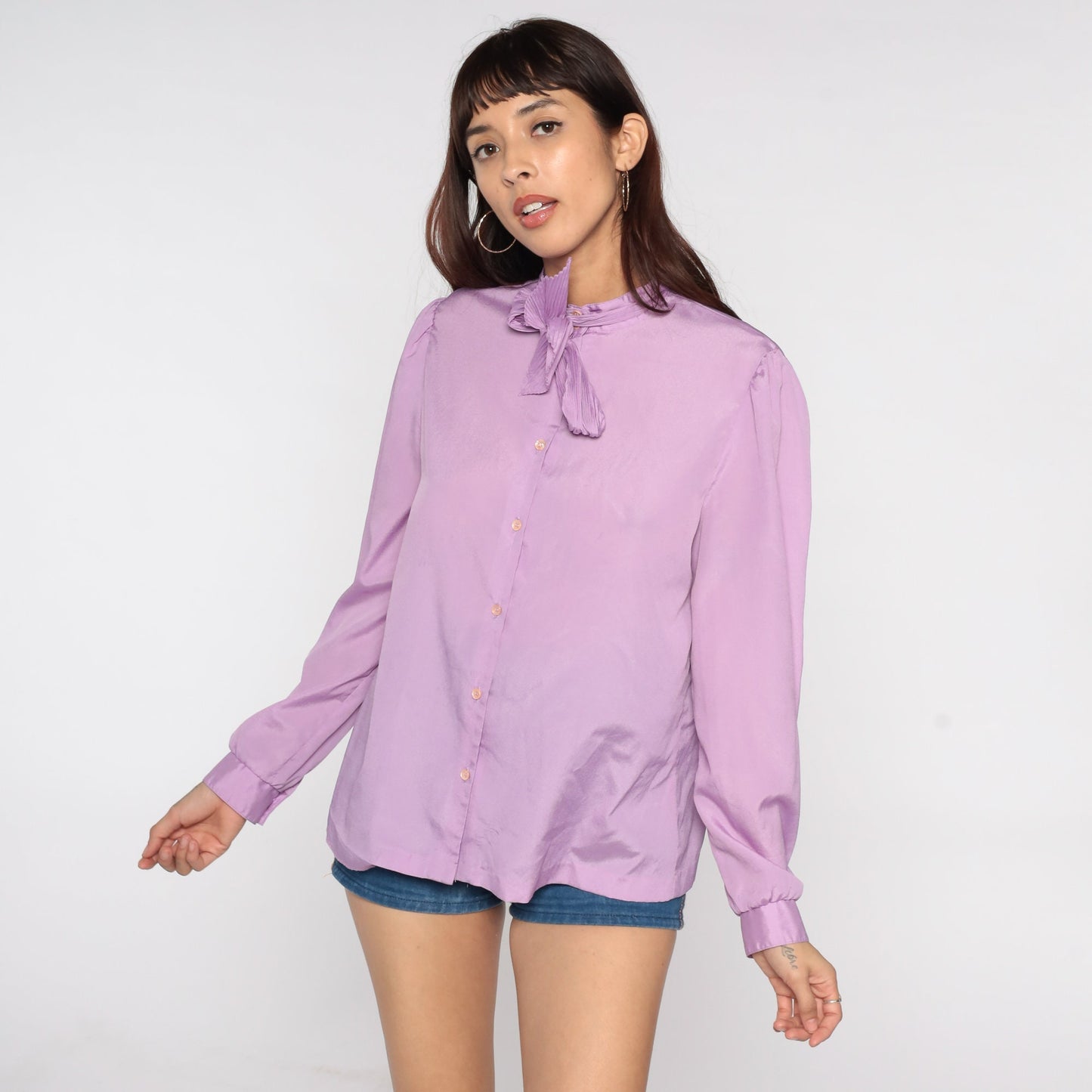 80s Purple Necktie Blouse Puff Sleeve Button Up Ruffle Collar Medium