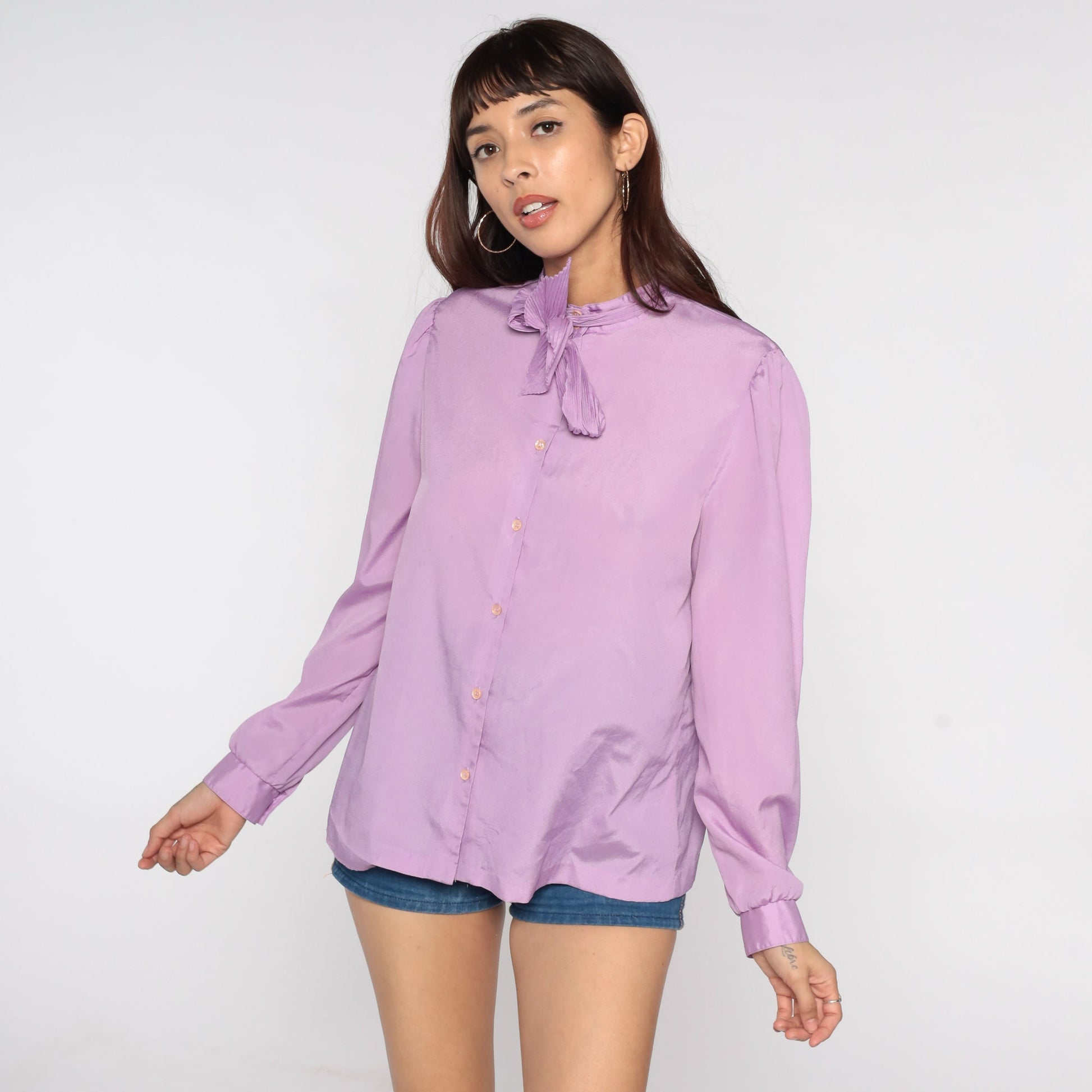 80s Purple Necktie Blouse Puff Sleeve Button Up Ruffle Collar Medium