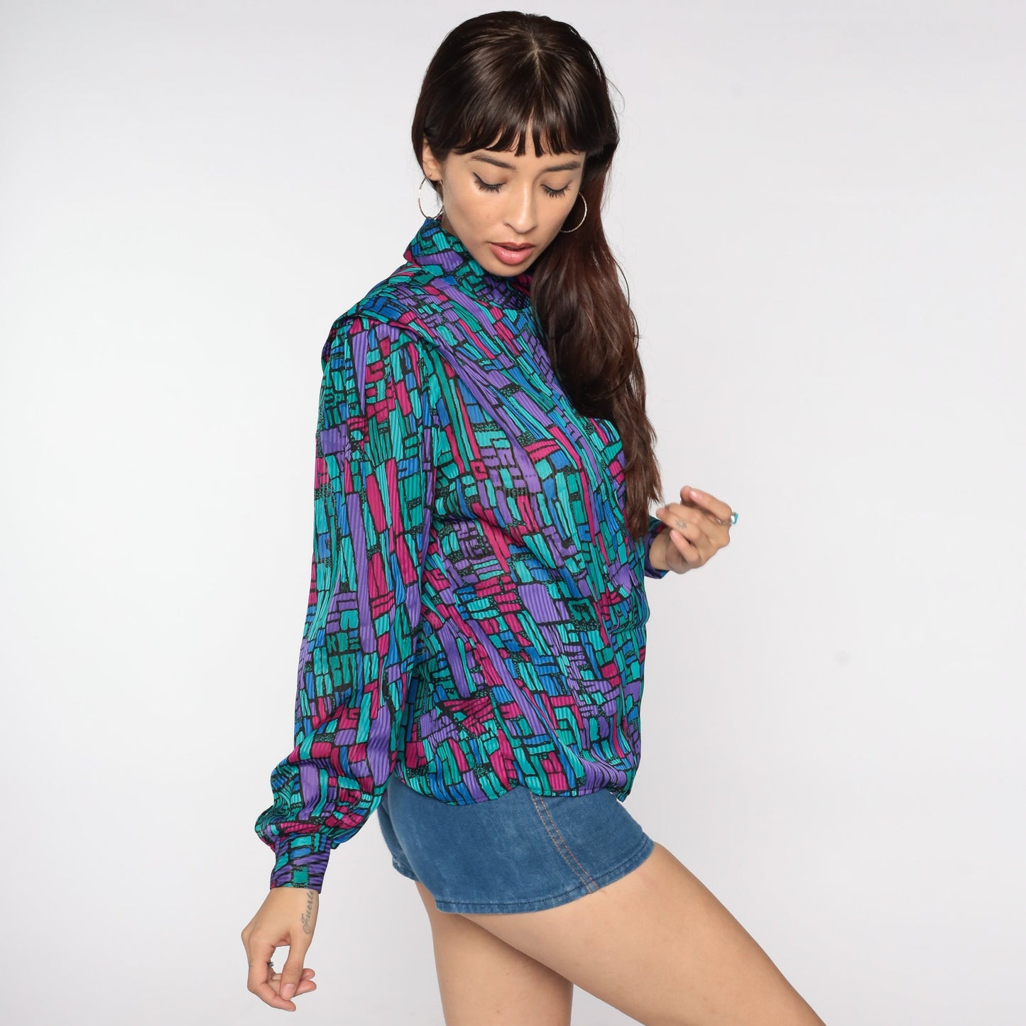 80s Geometric Mock Neck Blouse Long Sleeve Statement Top Medium