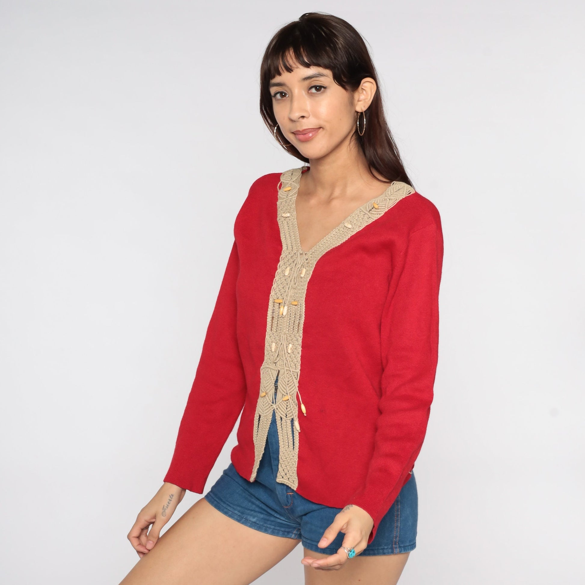 80s Red V-Neck Sweater with Macrame Trim Knit Pullover Large L