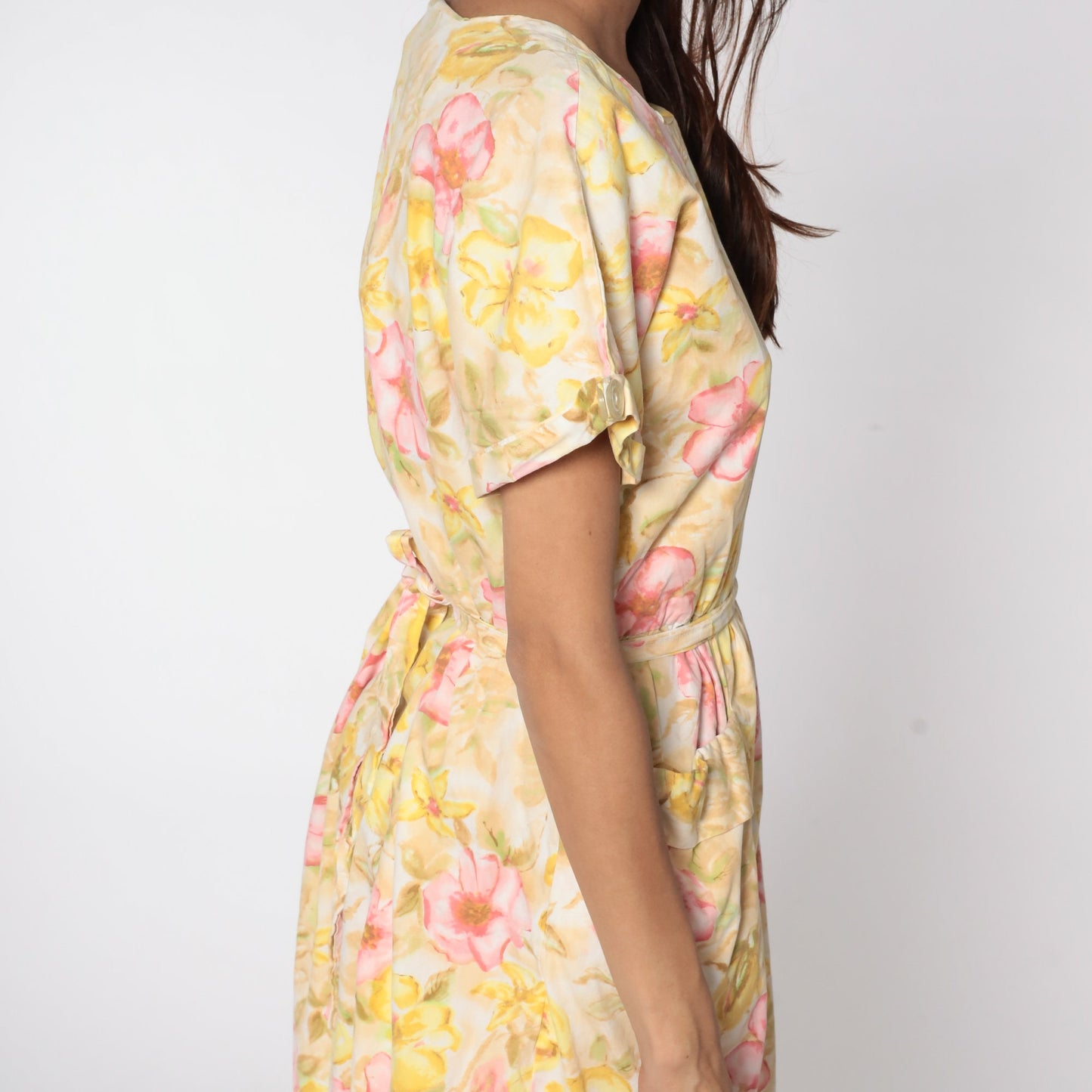 60s Floral Mini Dress Yellow Flower Print High Waist Pleated Medium