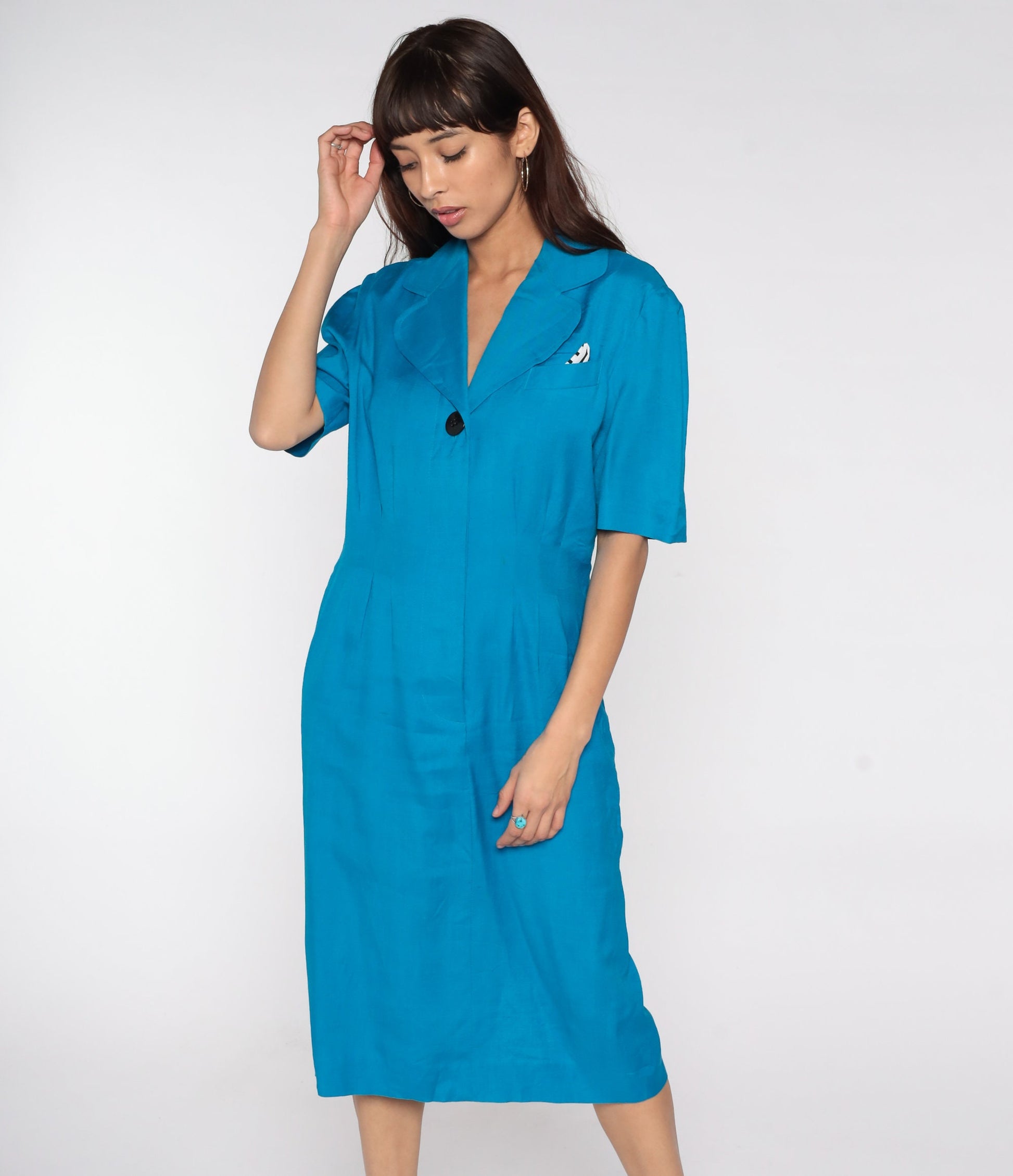 80s Liz Claiborne Blue Linen Midi Dress High Waist Notched Collar Medium
