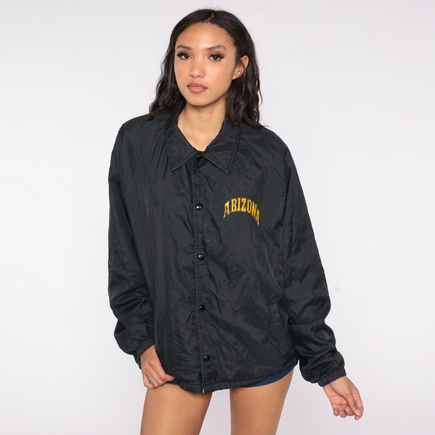 80s Chalk Line Arizona Windbreaker Jacket Black Nylon Snap Closure Large L