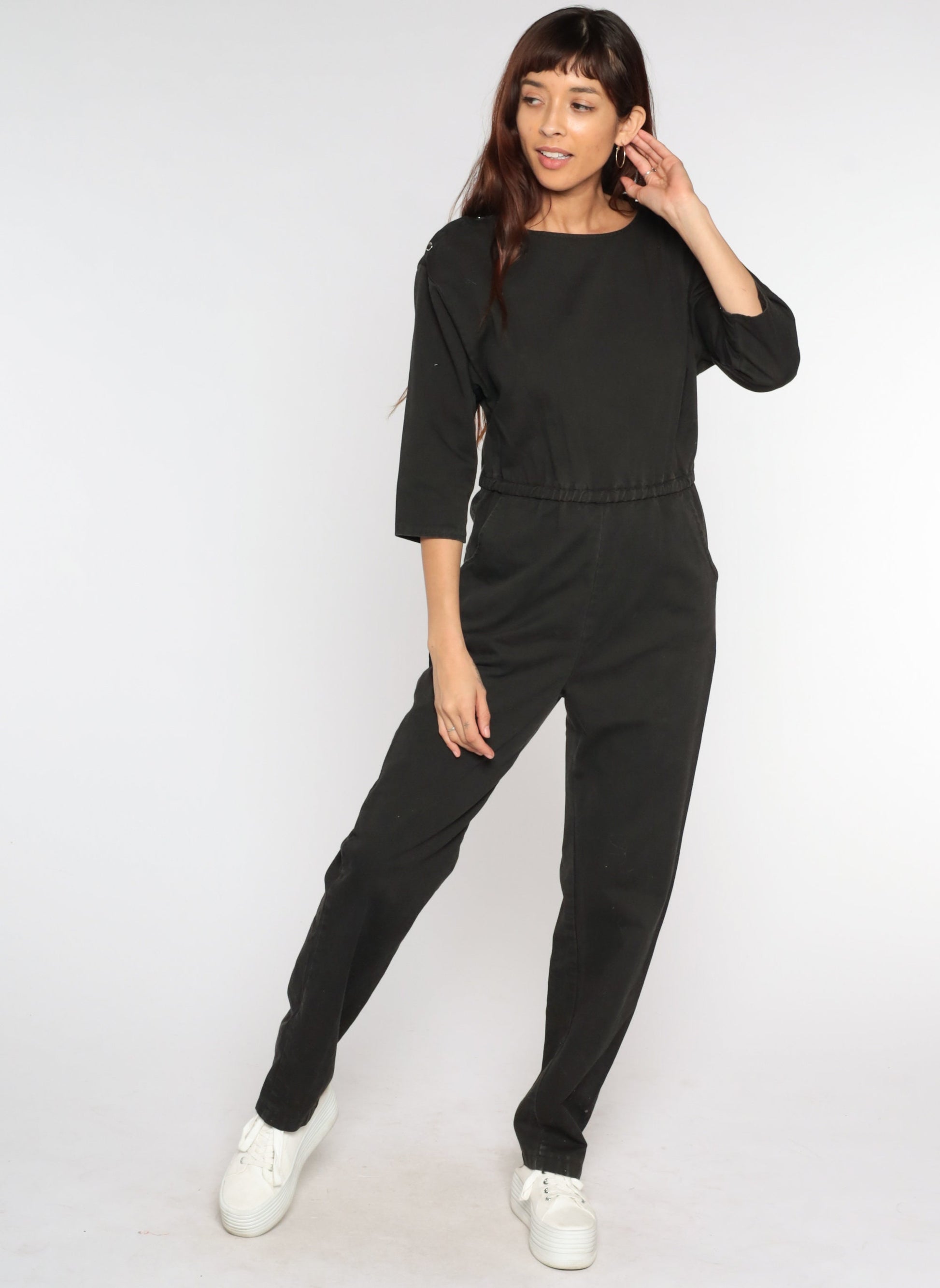 80s Black Jumpsuit High Waisted Tapered 3/4 Sleeve Playsuit Small Medium
