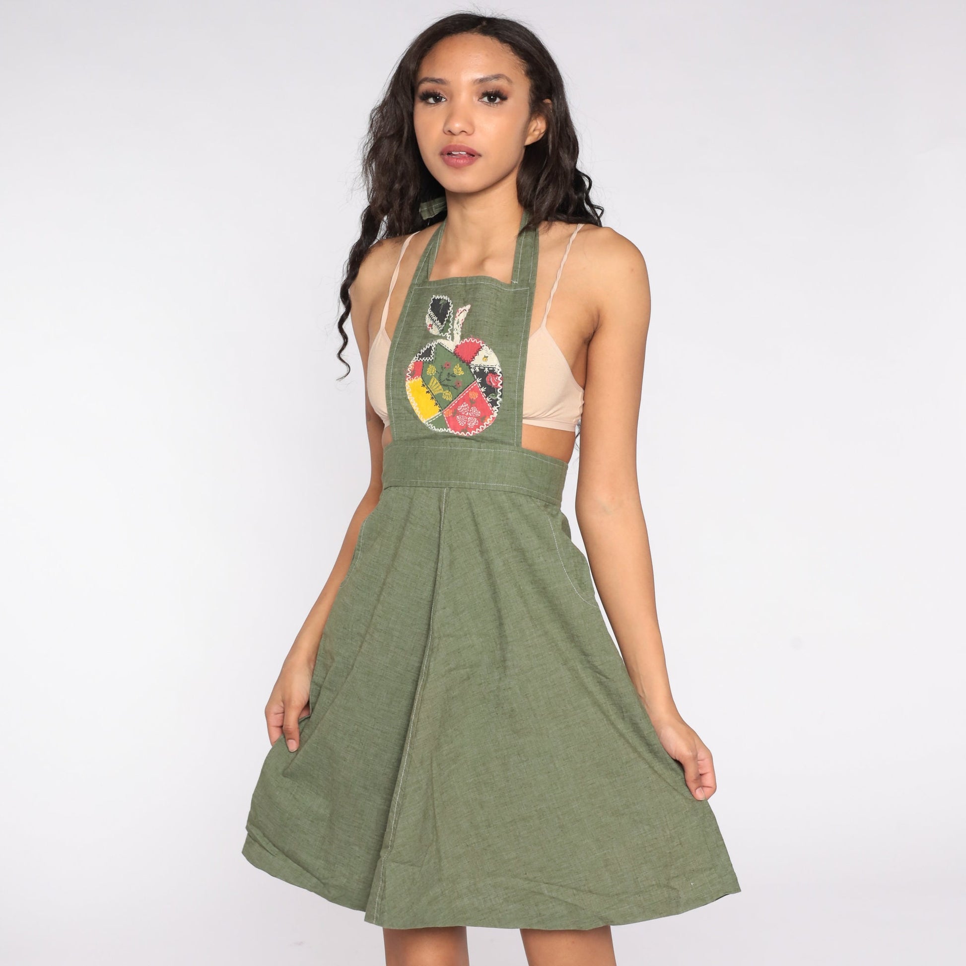 70s Green Patchwork Apple Halter Apron Dress Cotton Extra Small