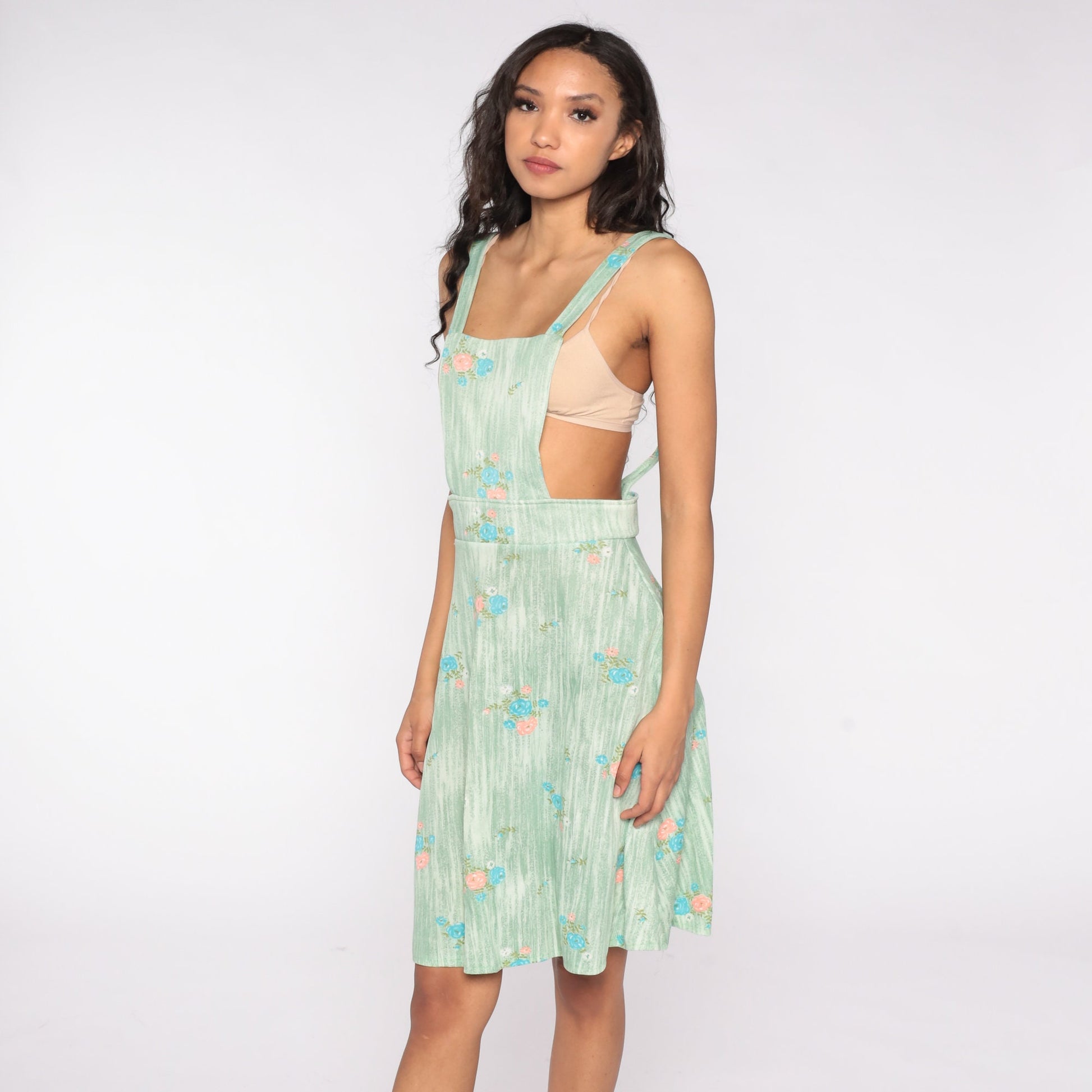 70s Green Floral Apron Dress Midi Pinafore Small