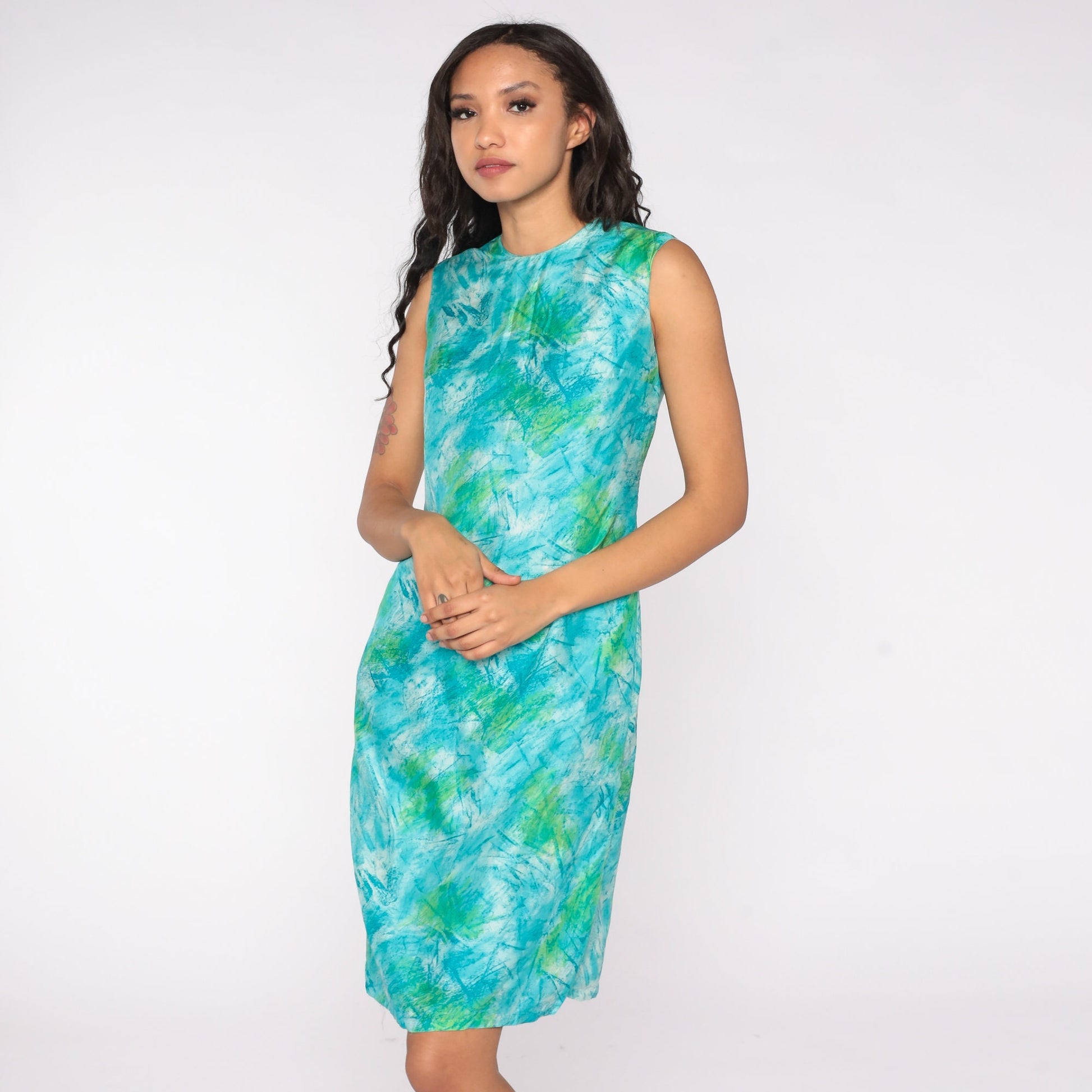 1960s Watercolor Mod Sheath Dress Sleeveless Knee-Length Blue Green Small
