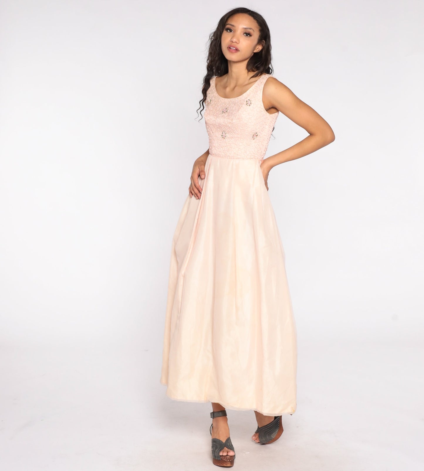 60s Pink Floral Maxi Dress Full Skirt Sleeveless Formal Gown Extra Small XS