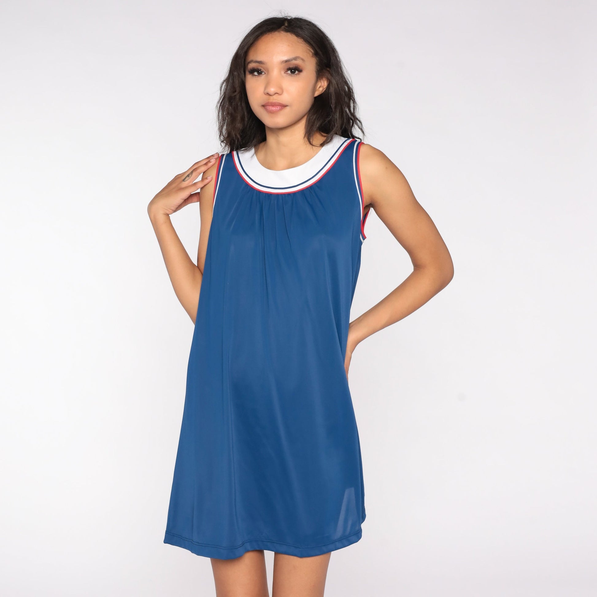 70s Blue Striped Nightgown Sleeveless Mini Lounge Dress Keyhole Back Large