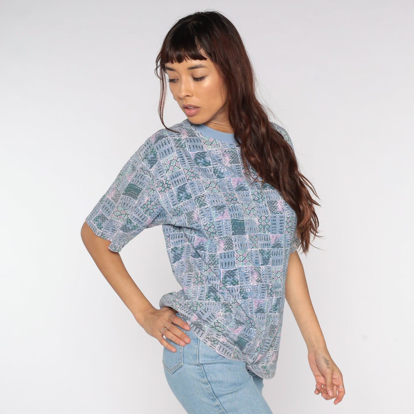 90s Dockers Geometric Patchwork T-Shirt Blue Striped Print Medium M