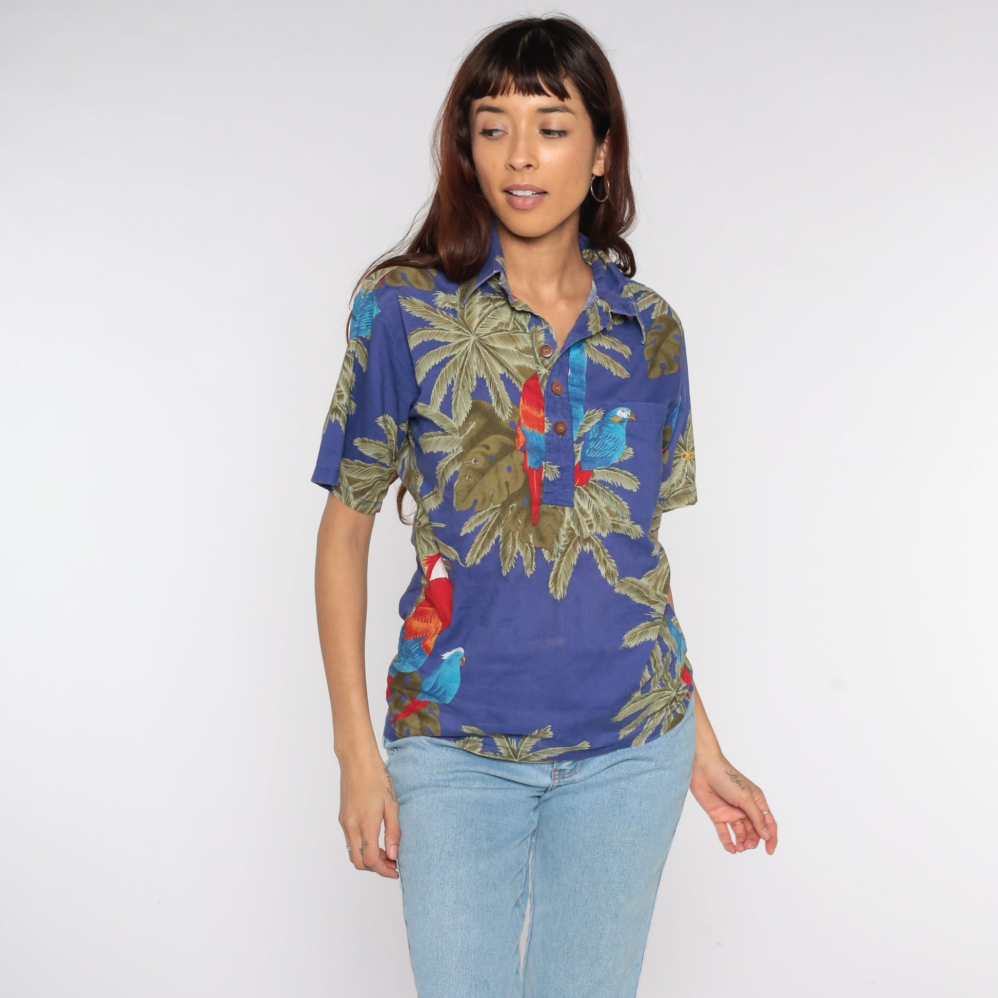 80s Ocean Pacific Tropical Polo Shirt Parrot Palm Leaf Print Small