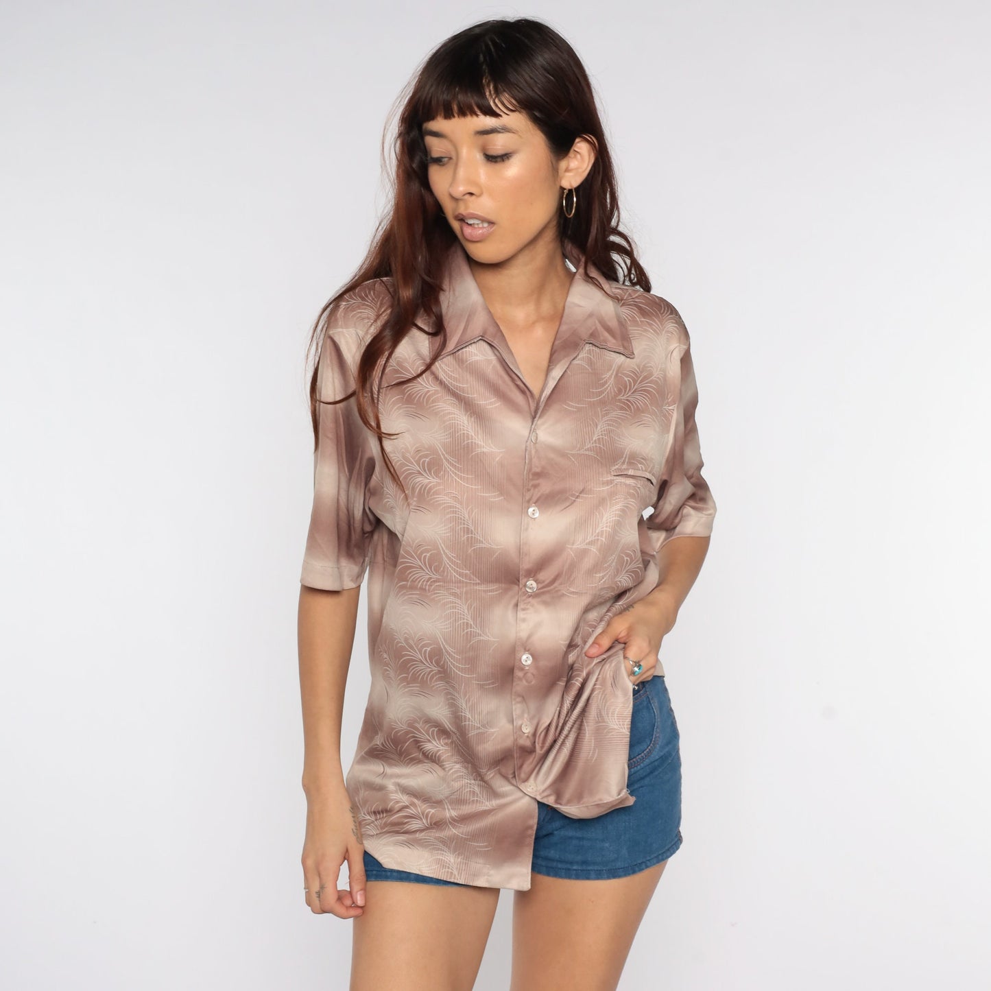 70s Striped Button-Up Shirt Feather Print Disco Collared Blouse Large L