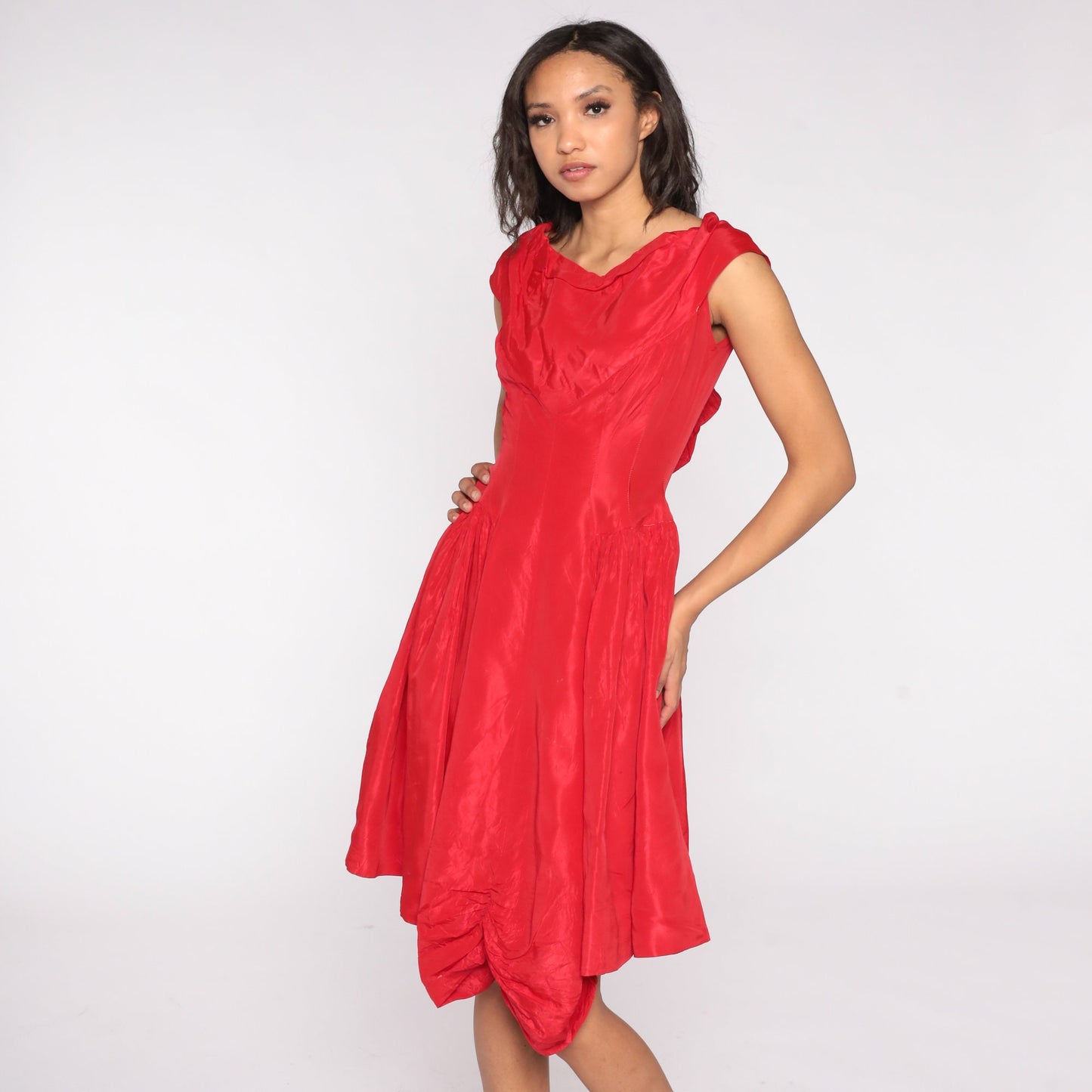 60s Red Cap Sleeve Party Dress Bow Back High Waist Mini Small