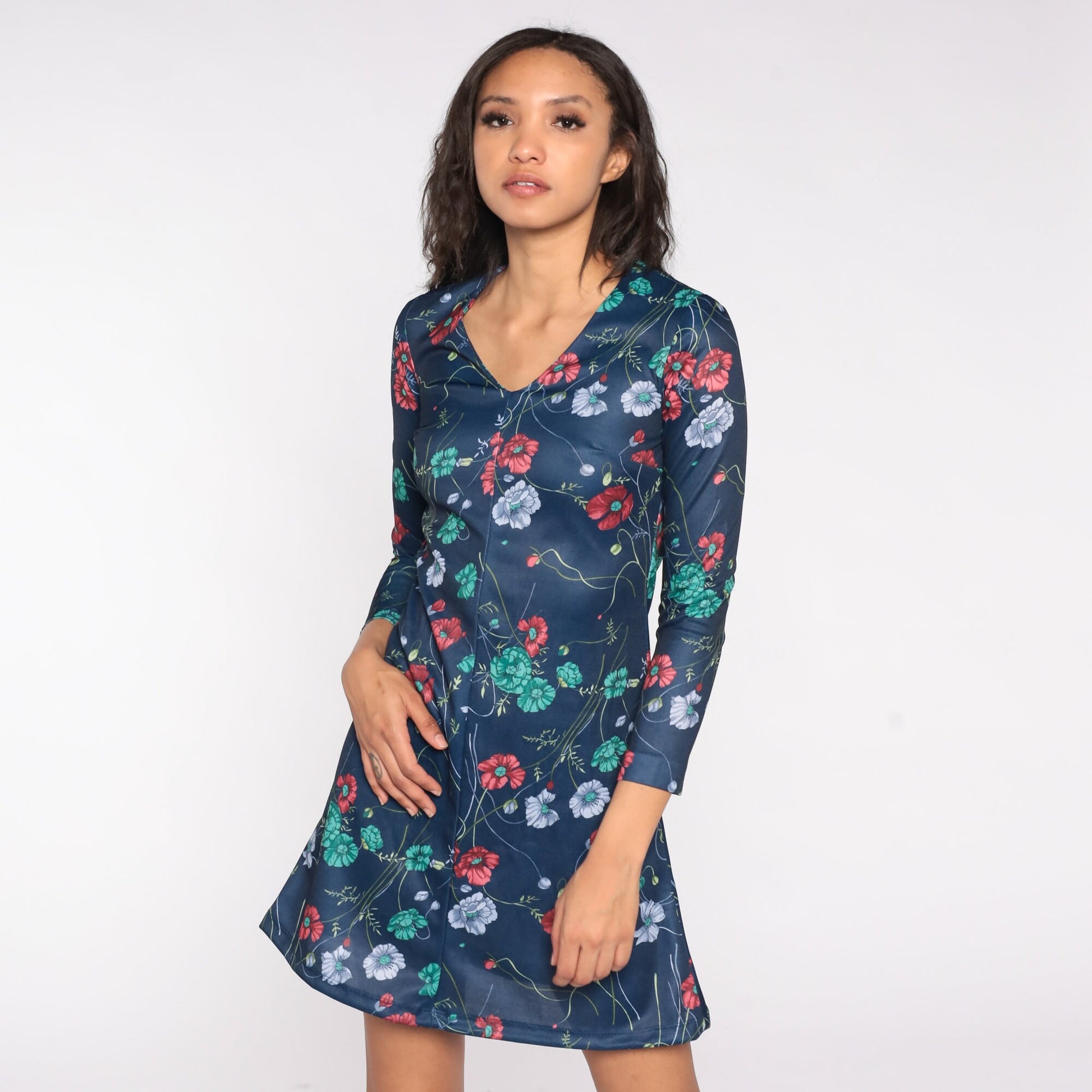 70s Floral Mini Dress Navy Blue V Neck Long Sleeve Shift Small S