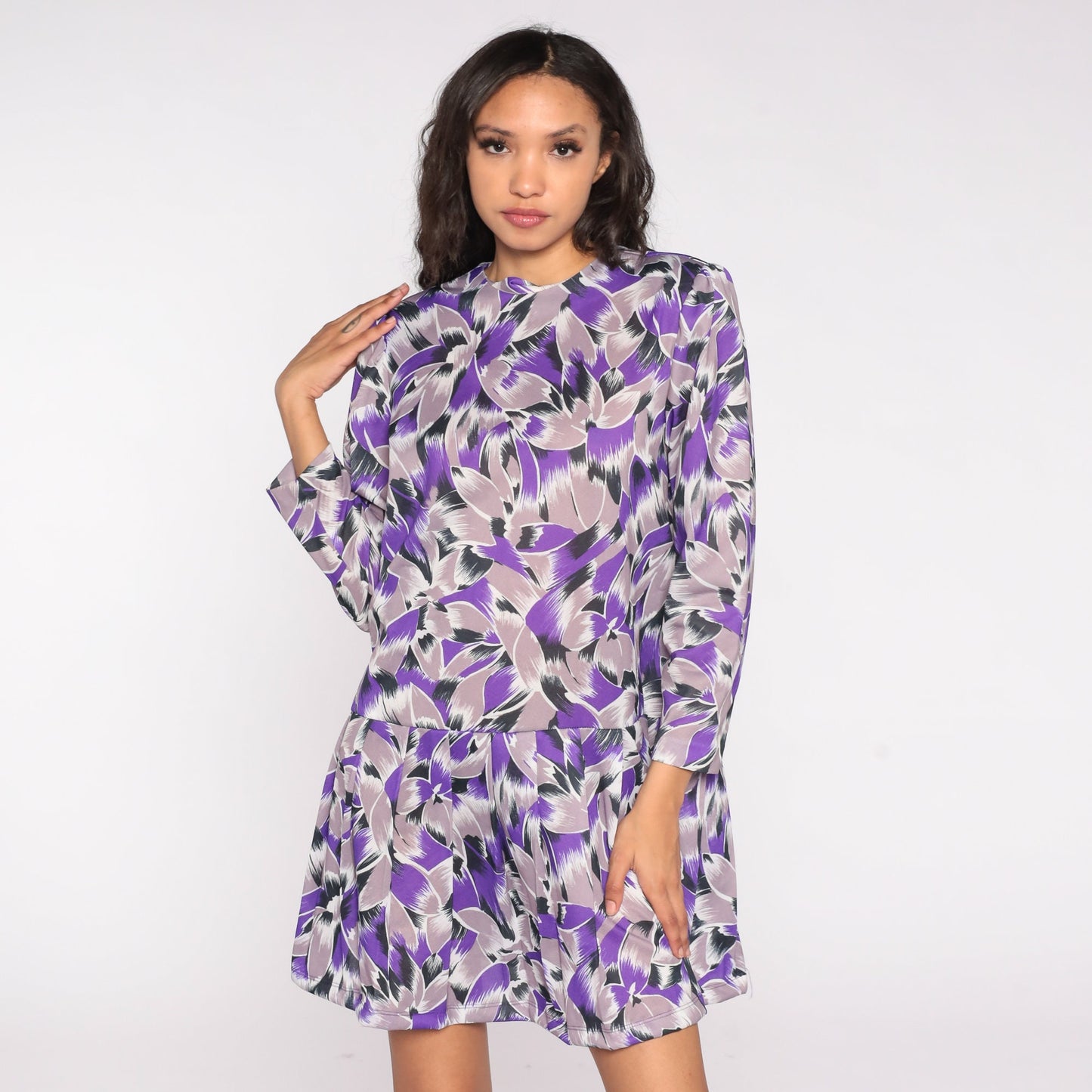 80s Purple Abstract Floral Mini Dress Puff Sleeve Drop Waist Large L