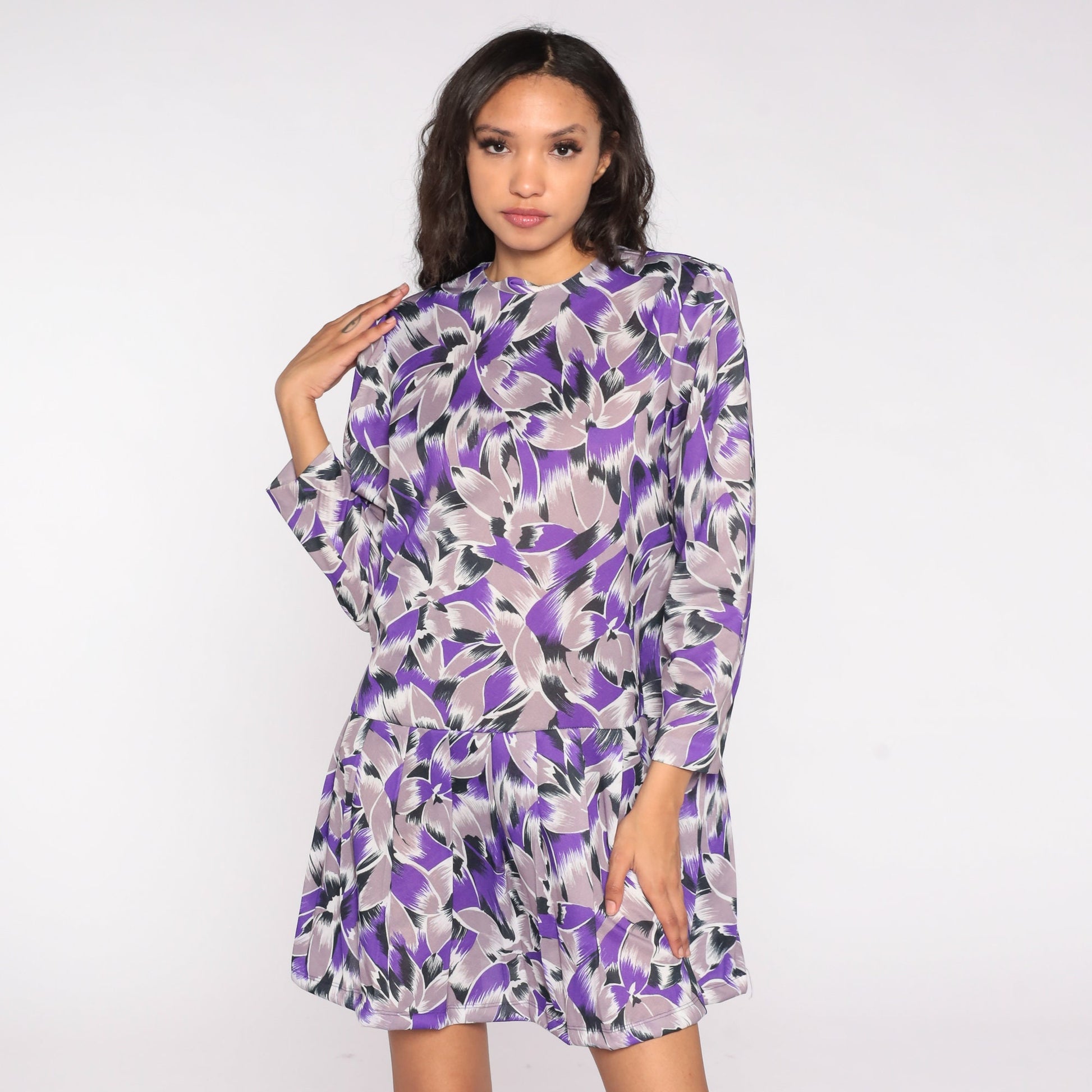 80s Purple Abstract Floral Mini Dress Puff Sleeve Drop Waist Large L