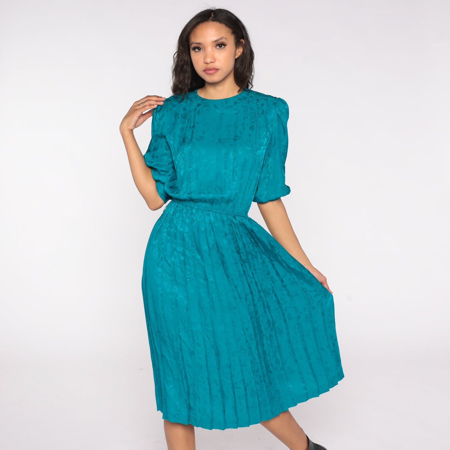 90s Teal Silk Midi Dress Puff Sleeve High Waist Pleated Floral Small