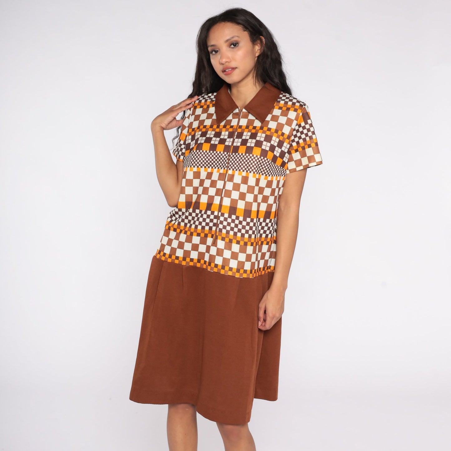 60s Mod Checkered Brown Drop Waist Minidress Short Sleeve Extra Large XL