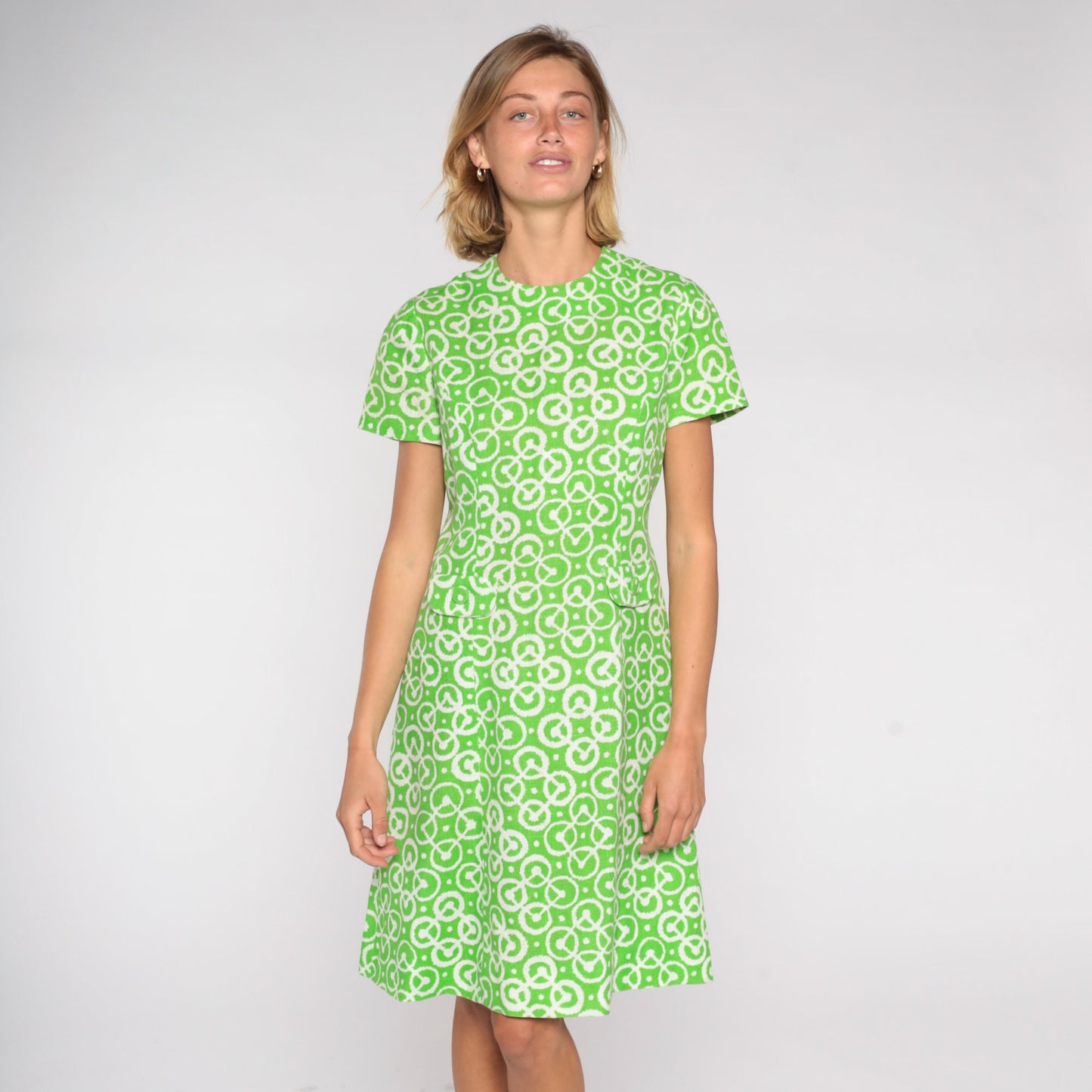 60s Green Geometric A-Line Shift Dress Short Sleeve Mini Pockets Small