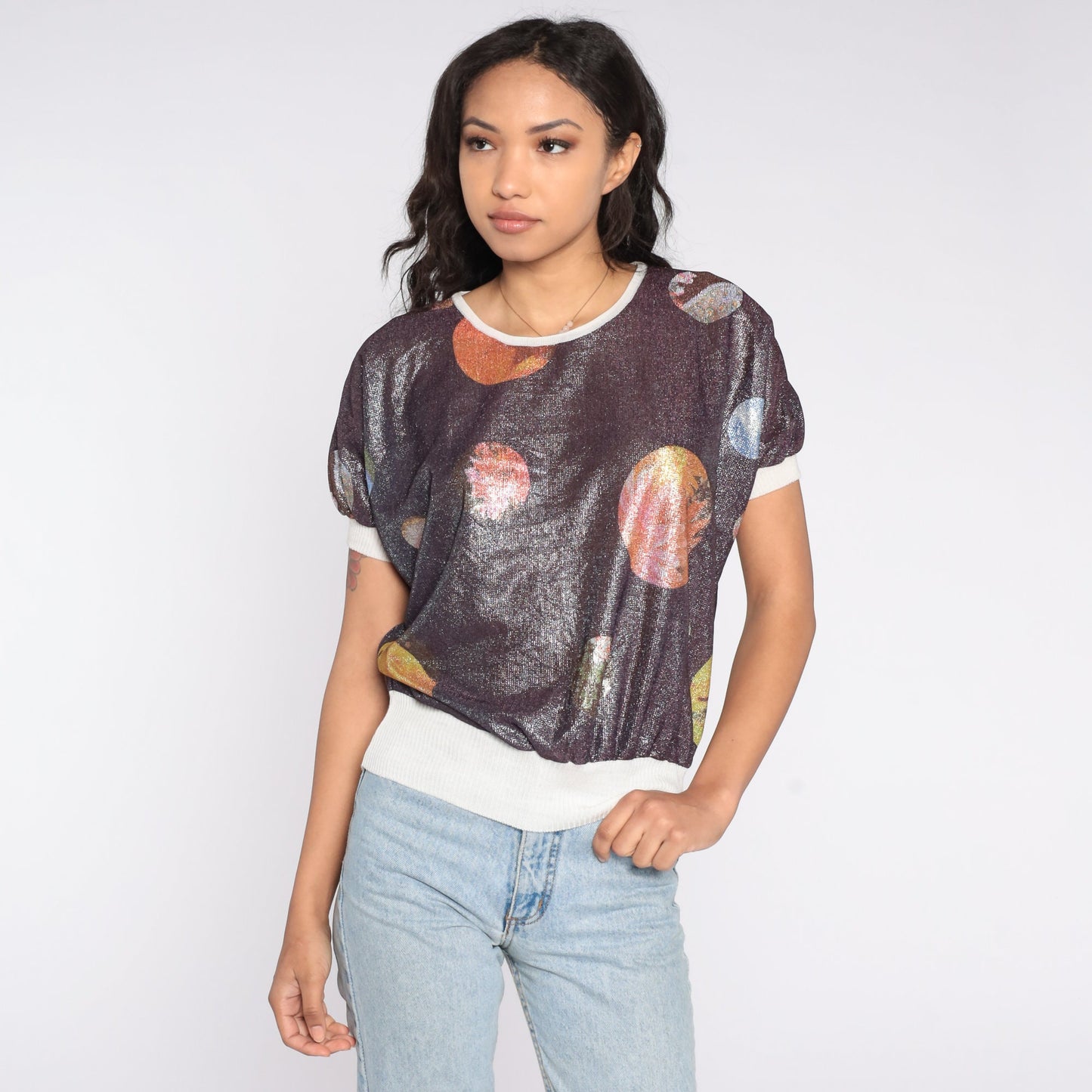 00s Metallic Floral Planet Print Short Sleeve Ringer Tee Small S