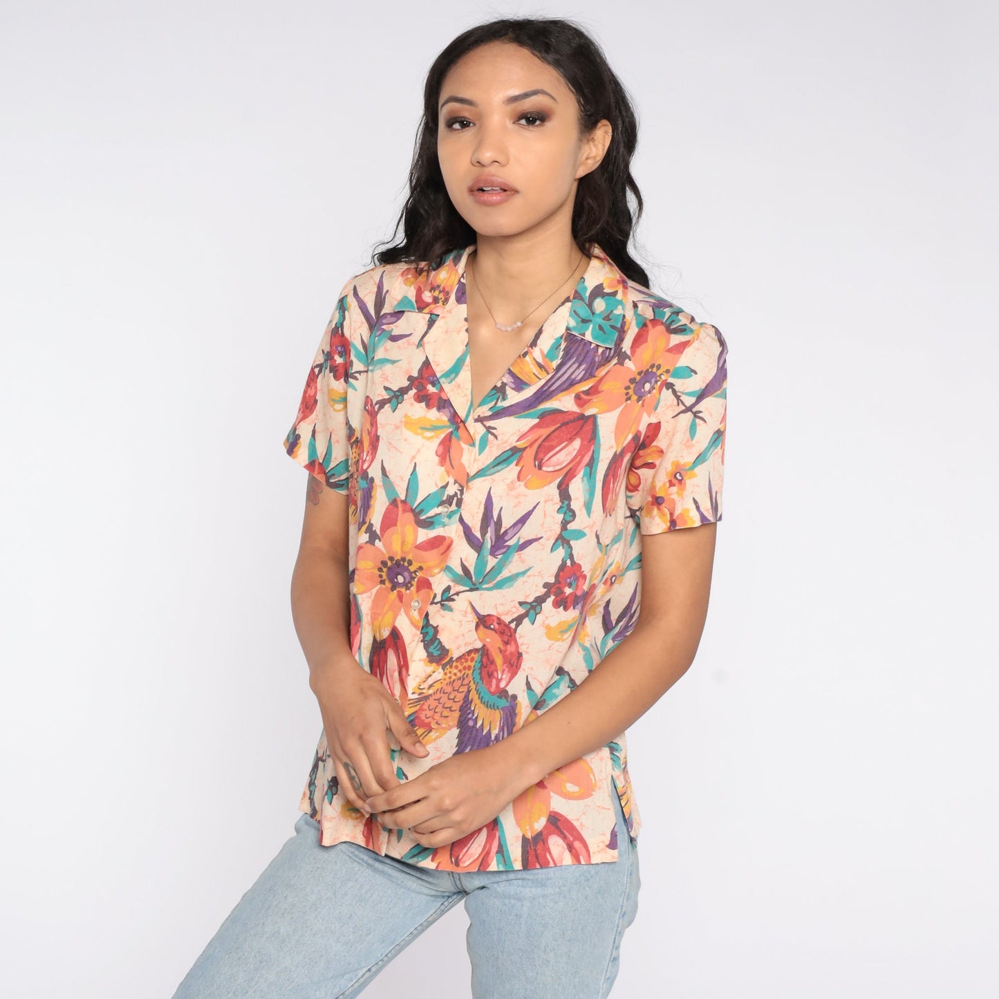 90s Tropical Floral Bird Print Button-Up Blouse Short Sleeve Rayon Medium M