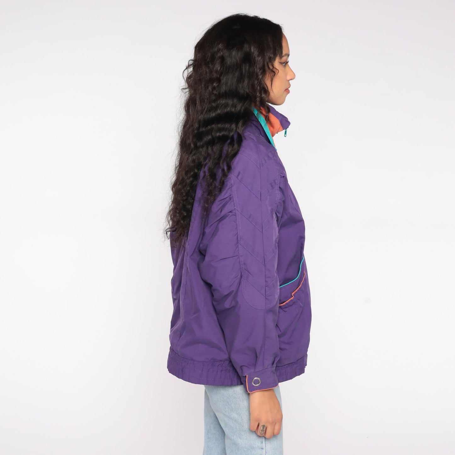 90s Purple Windbreaker Jacket Turquoise Orange Piping Zip Up Medium