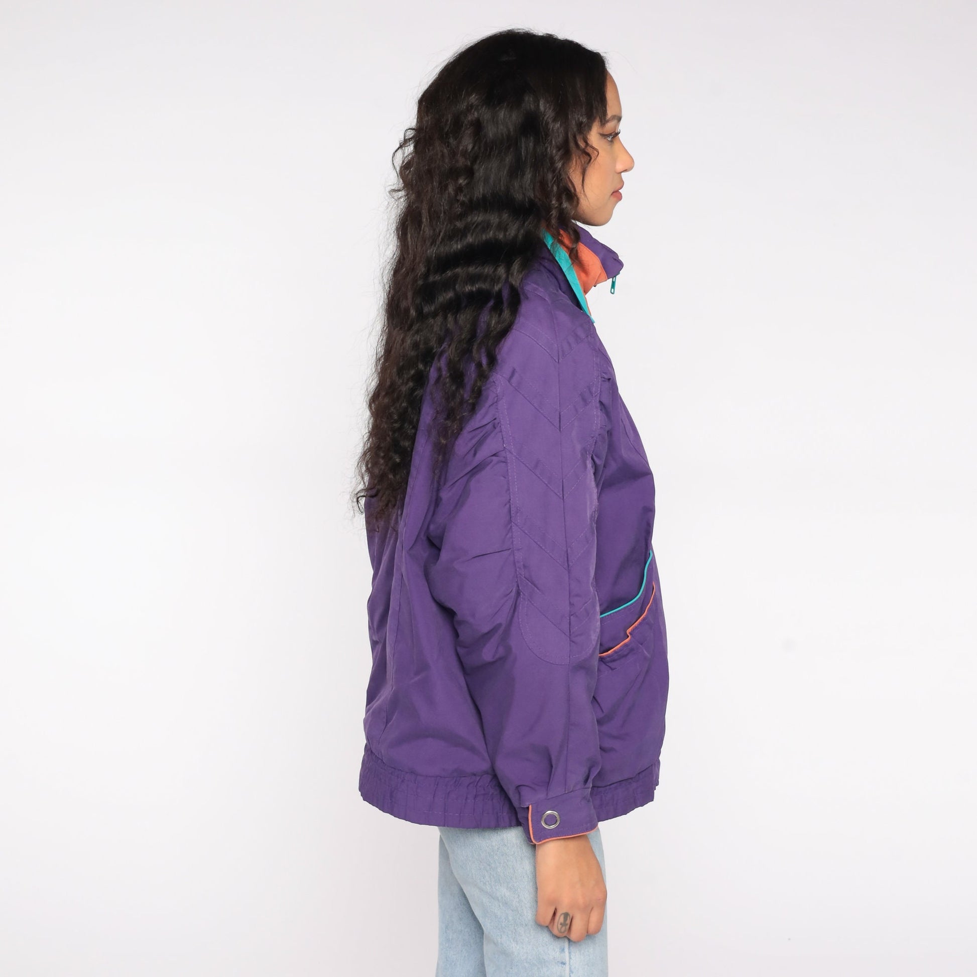 90s Purple Windbreaker Jacket Turquoise Orange Piping Zip Up Medium